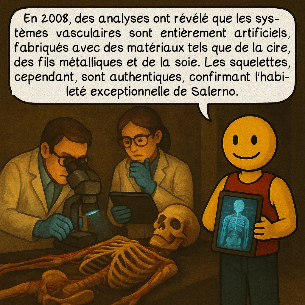 Les machines anatomiques de Raimondo Di Sangro, case 7 : Les analyses scientifiques
En 2008, des analyses ont révélé que les systèmes vasculaires sont entièrement artificiels, fabriqués avec des matériaux tels que de la cire, des fils métalliques et de la soie. Les squelettes, cependant, sont authentiques, confirmant l'habileté exceptionnelle de Salerno.