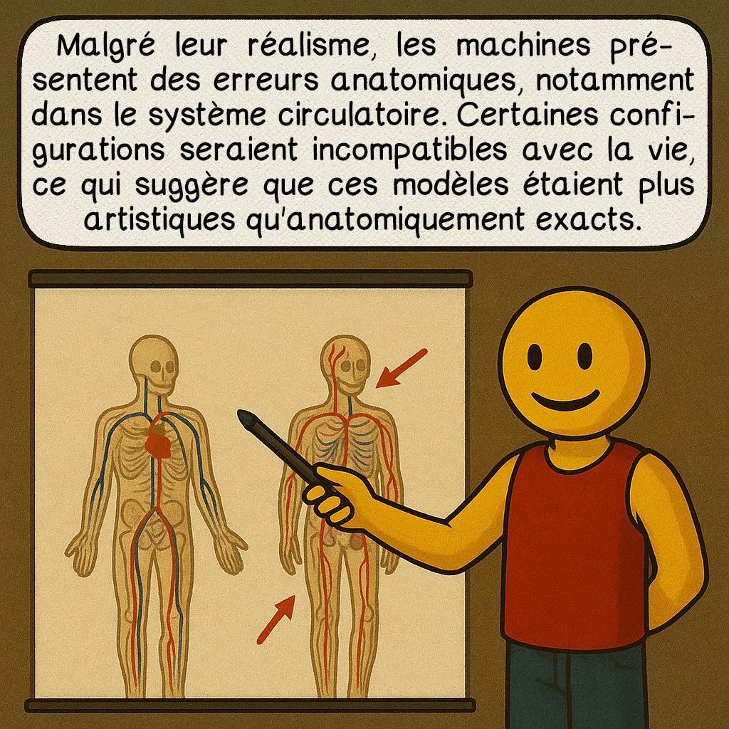 Les machines anatomiques de Raimondo Di Sangro, case 8 : Les erreurs anatomiques
Malgré leur réalisme, les machines présentent des erreurs anatomiques, notamment dans le système circulatoire. Certaines configurations seraient incompatibles avec la vie, ce qui suggère que ces modèles étaient plus artistiques qu'anatomiquement exacts.