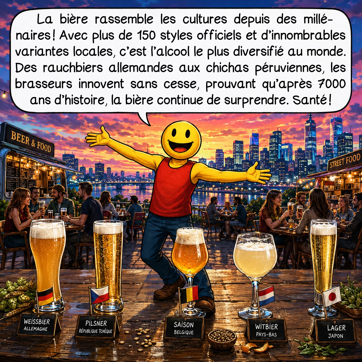 La bière, case 10 : La bière unit les cultures depuis des millénaires ! Avec plus de 150 styles officiels recensés et des milliers de variations locales, elle représente la boisson alcoolisée la plus diverse au monde. Des sours américaines aux rauchbiers fumées allemandes, des sahtis finlandaises au genévrier aux chichas péruviennes au maïs, l’innovation ne cesse jamais. Craft breweries et brasseurs artisanaux réinventent quotidiennement cet art ancestral, prouvant qu’après 7000 ans d’histoire, la bière n’a pas fini de nous surprendre. Santé, et à la découverte !