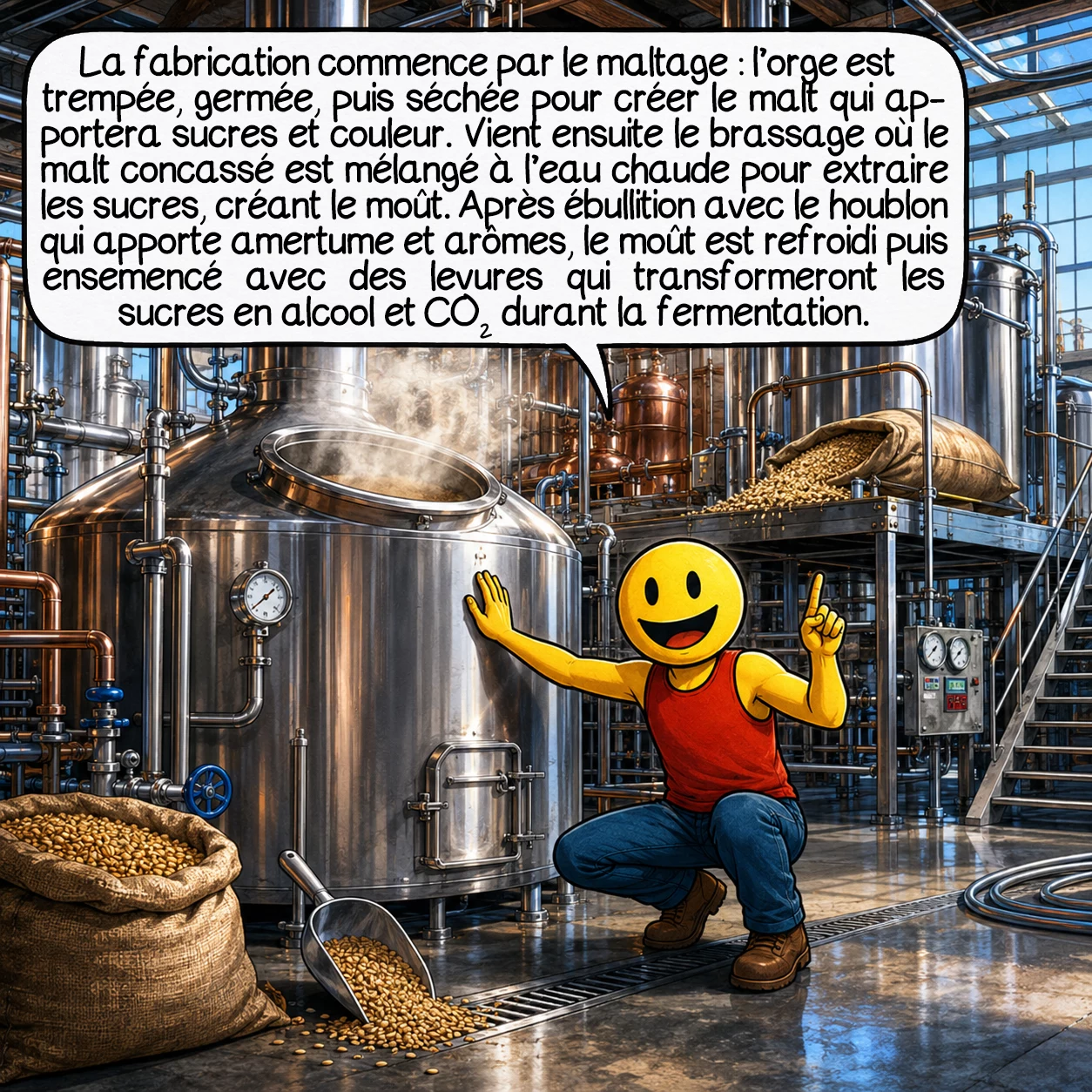 La bière, case 2 : La fabrication commence par le maltage : l’orge est trempée, germée, puis séchée pour créer le malt qui apportera sucres et couleur. Vient ensuite le brassage où le malt concassé est mélangé à l’eau chaude pour extraire les sucres, créant le moût. Après ébullition avec le houblon qui apporte amertume et arômes, le moût est refroidi puis ensemencé avec des levures qui transformeront les sucres en alcool et CO2 durant la fermentation.