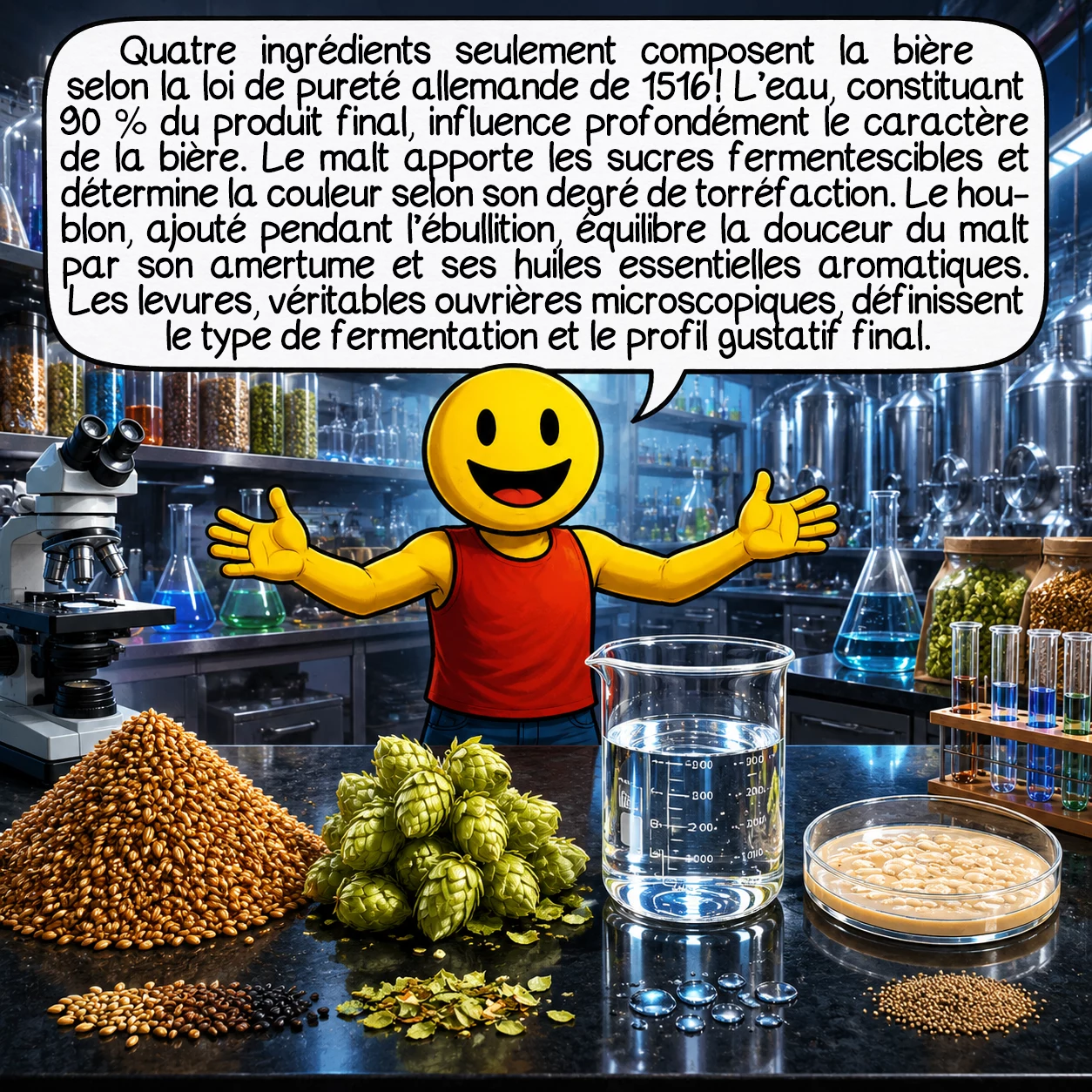 La bière, case 3 : Quatre ingrédients seulement composent la bière selon la loi de pureté allemande de 1516 ! L’eau, constituant 90 % du produit final, influence profondément le caractère de la bière. Le malt apporte les sucres fermentescibles et détermine la couleur selon son degré de torréfaction. Le houblon, ajouté pendant l’ébullition, équilibre la douceur du malt par son amertume et ses huiles essentielles aromatiques. Les levures, véritables ouvrières microscopiques, définissent le type de fermentation et le profil gustatif final.