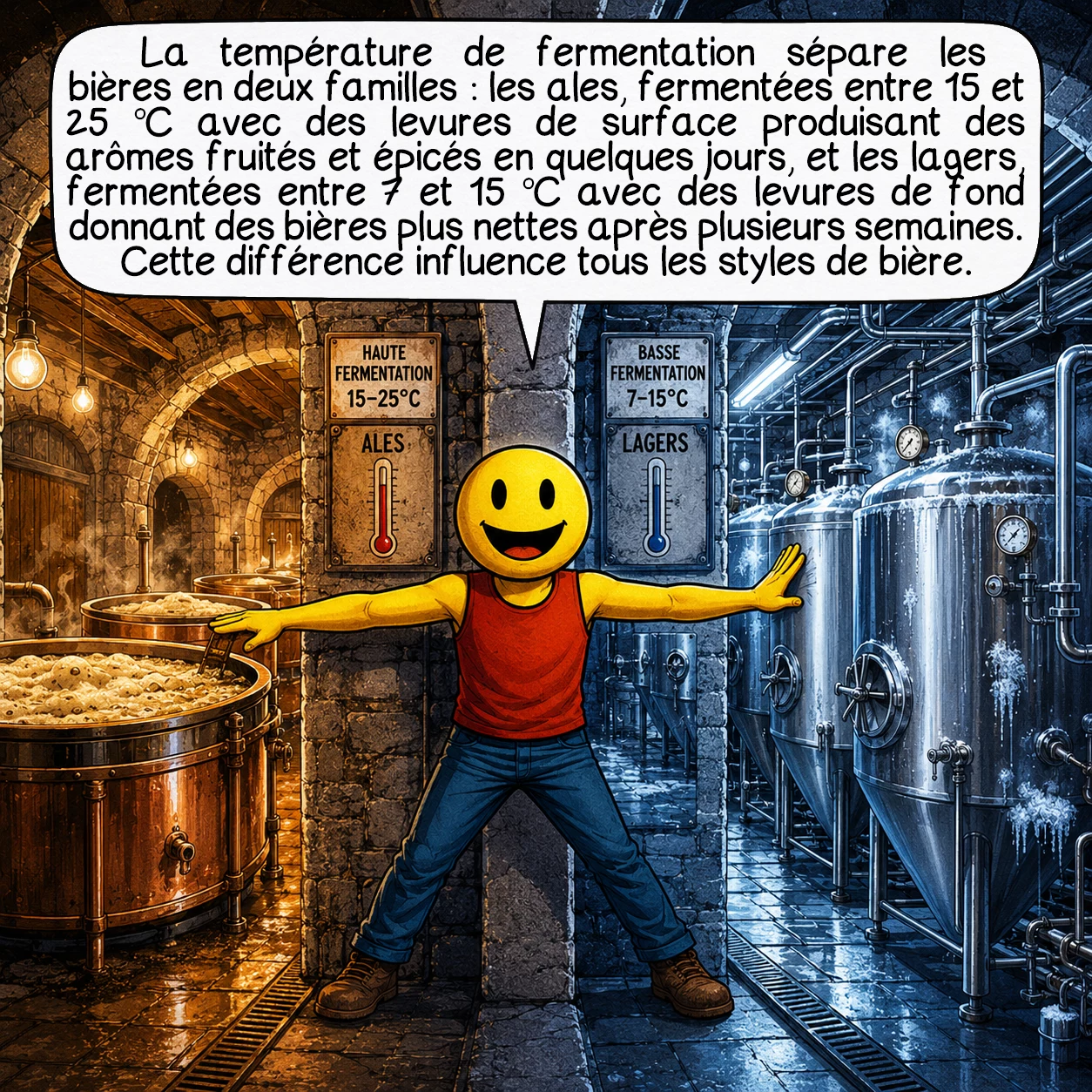 La bière, case 4 : La température de fermentation divise les bières en deux grandes familles ! Les ales fermentent en haute fermentation entre 15 et 25 °C : les levures Saccharomyces cerevisiae travaillent en surface, produisant des arômes fruités et épicés en 3-5 jours. Les lagers utilisent la basse fermentation entre 7 et 15 °C : les levures Saccharomyces pastorianus œuvrent au fond, créant des bières plus nettes et cristallines, mais nécessitant plusieurs semaines. Cette distinction fondamentale influence tous les styles de bières existants !