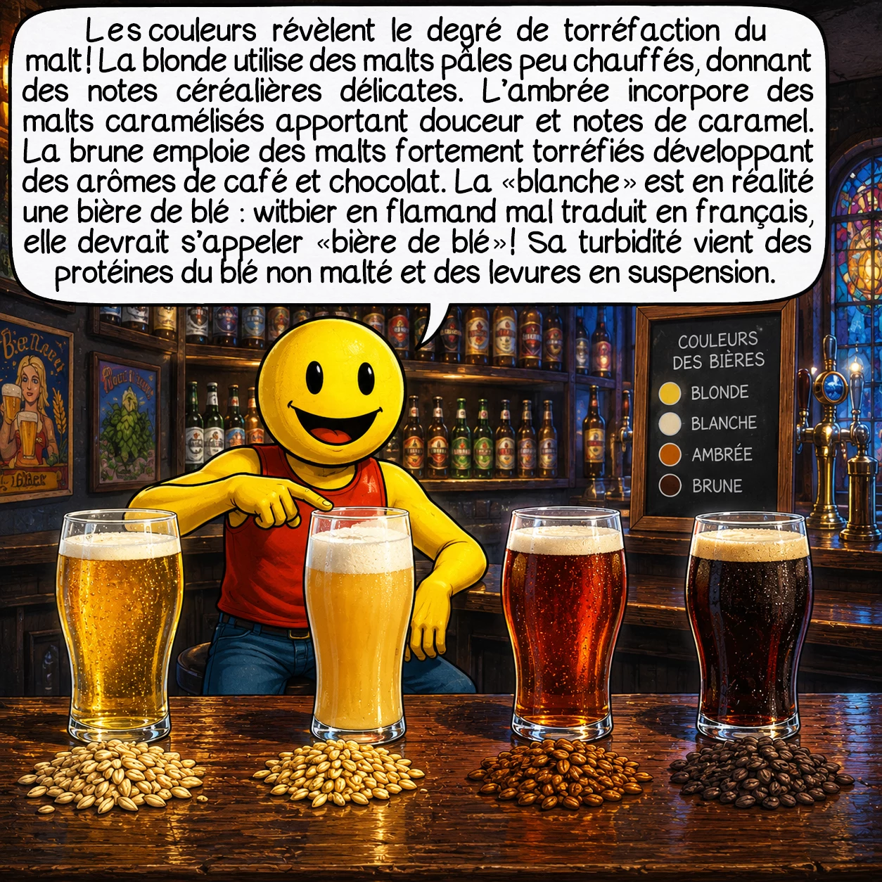 La bière, case 5 : Les couleurs révèlent le degré de torréfaction du malt ! La blonde utilise des malts pâles peu chauffés, donnant des notes céréalières délicates. L’ambrée incorpore des malts caramélisés apportant douceur et notes de caramel. La brune emploie des malts fortement torréfiés développant des arômes de café et chocolat. La « blanche » est en réalité une bière de blé : witbier en flamand mal traduit en français, elle devrait s’appeler « bière de blé » ! Sa turbidité vient des protéines du blé non malté et des levures en suspension.