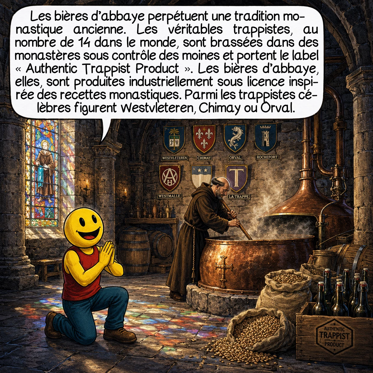 La bière, case 6 : Les bières d’abbaye perpétuent une tradition monastique millénaire ! Historiquement brassées par les moines pour leur consommation et l’accueil des pèlerins, elles se divisent aujourd’hui en deux catégories. Les vraies trappistes, seulement 14 dans le monde, sont brassées dans l’enceinte même du monastère sous contrôle des moines, portant le logo hexagonal « Authentic Trappist Product ». Les bières d’abbaye sont des recettes inspirées, brassées industriellement sous licence. Westvleteren, Chimay et Orval comptent parmi les trappistes les plus renommées.