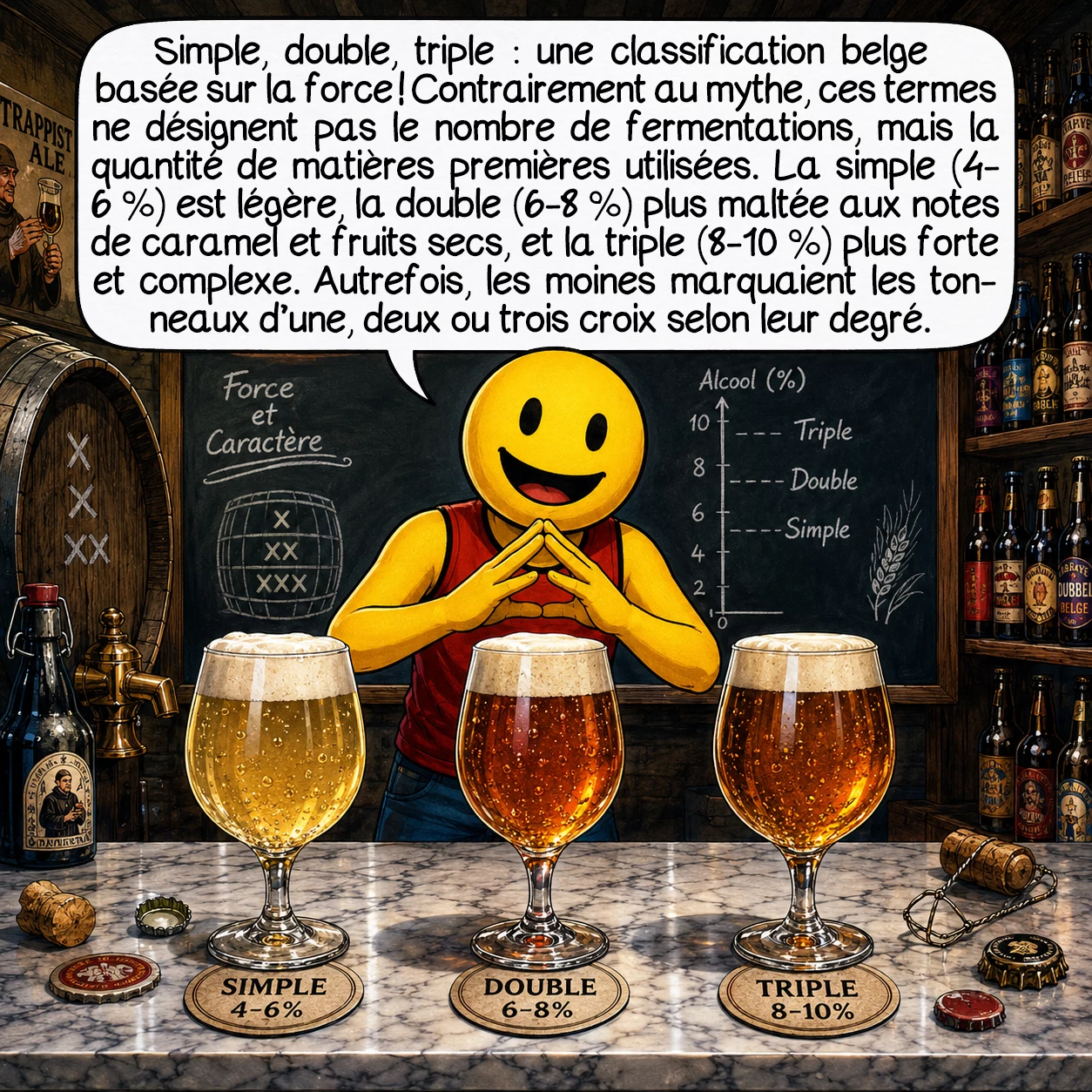 La bière, case 7 : Simple, double, triple : une classification belge basée sur la force ! Contrairement au mythe, ces termes ne désignent pas le nombre de fermentations, mais la quantité de matières premières utilisées. La simple (ou blonde) titre 4-6 % d’alcool, légère et désaltérante. La double (dubbel) monte à 6-8 %, plus maltée avec des notes de fruits secs et caramel. La triple (tripel) atteint 8-10 %, dorée, mais trompeusement forte, avec une complexité aromatique remarquable. Historiquement, les moines marquaient les tonneaux d’une, deux ou trois croix selon la force !