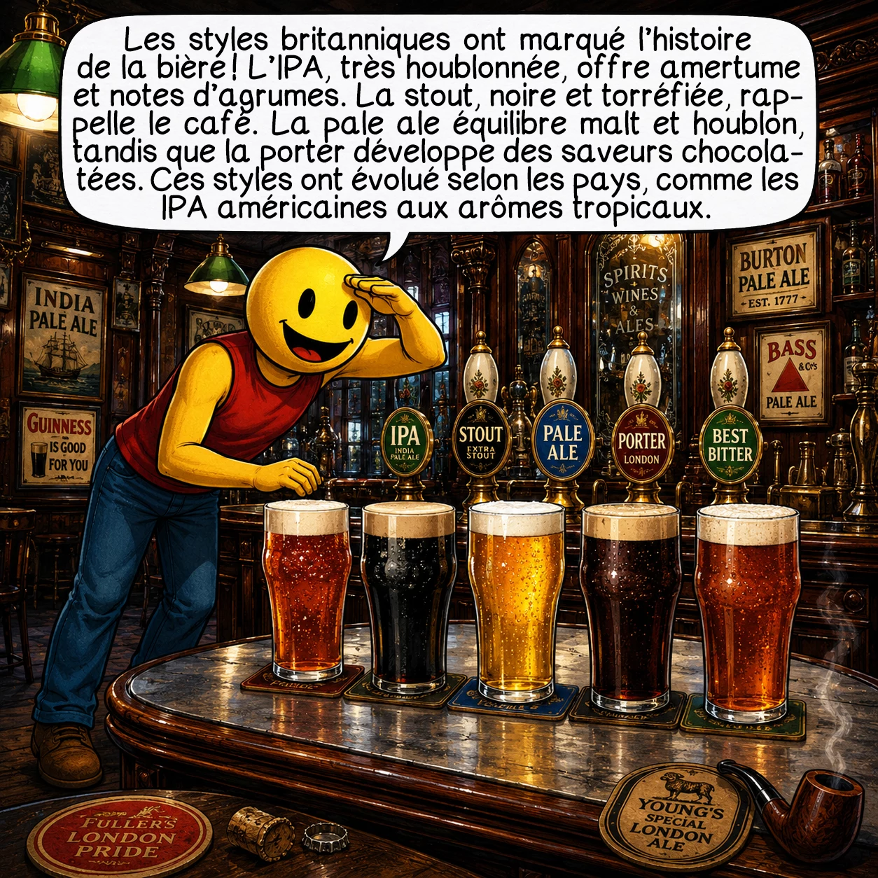 La bière, case 8 : Les styles britanniques ont conquis le monde ! L’India pale ale, créée pour survivre au voyage vers les colonies, est généreusement houblonnée, donnant amertume prononcée et arômes d’agrumes. La stout, née à Londres, utilise de l’orge torréfiée non maltée créant sa robe d’ébène et ses notes de café. La pale ale, plus équilibrée, offre un compromis entre malt et houblon. La porter, ancêtre de la stout, développe des saveurs chocolatées. Chaque style a évolué selon les goûts locaux : les IPA américaines explosent d’arômes tropicaux !