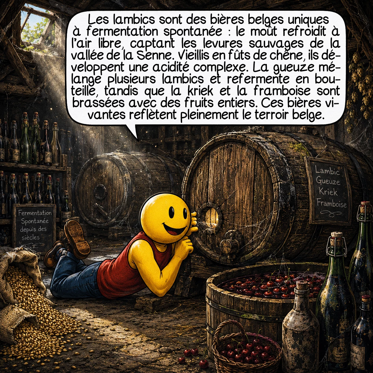 La bière, case 9 : Les lambics défient toute logique brassicole moderne ! Fermentation spontanée unique au monde : le moût refroidit à l’air libre dans des bacs plats, capturant les levures sauvages et bactéries de la vallée de la Senne. Vieillies 1 à 3 ans en fûts de chêne, elles développent une acidité complexe. La gueuze assemble des lambics d’âges différents, refermentés en bouteille comme le champagne. La kriek ajoute des cerises griottes, la framboise des framboises entières. Ces bières vivantes, impossibles à reproduire ailleurs, incarnent le terroir belge !
