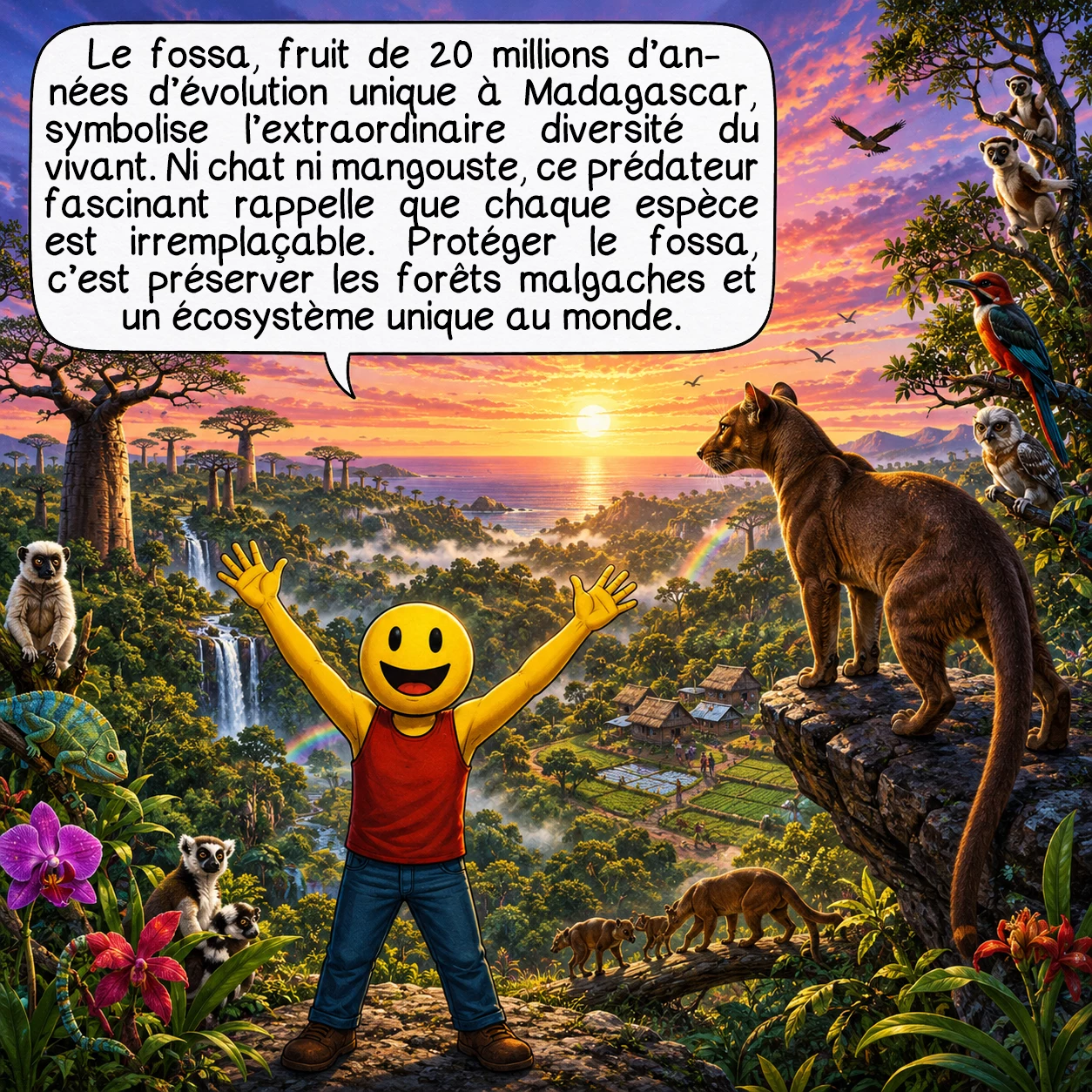 Le fossa, case 10 : Le fossa, témoin de 20 millions d’années d’évolution insulaire unique, incarne la résilience et l’adaptabilité extraordinaire du vivant ! Ce cryptoprocte énigmatique — ni chat ni mangouste, mais merveille évolutive sans équivalent — nous enseigne que chaque espèce tisse un fil irremplaçable dans la tapisserie du vivant. Sa survie dépend de notre capacité collective à préserver et restaurer les forêts malgaches. Protéger le fossa, c’est sauvegarder tout un monde perdu nulle part ailleurs sur Terre !