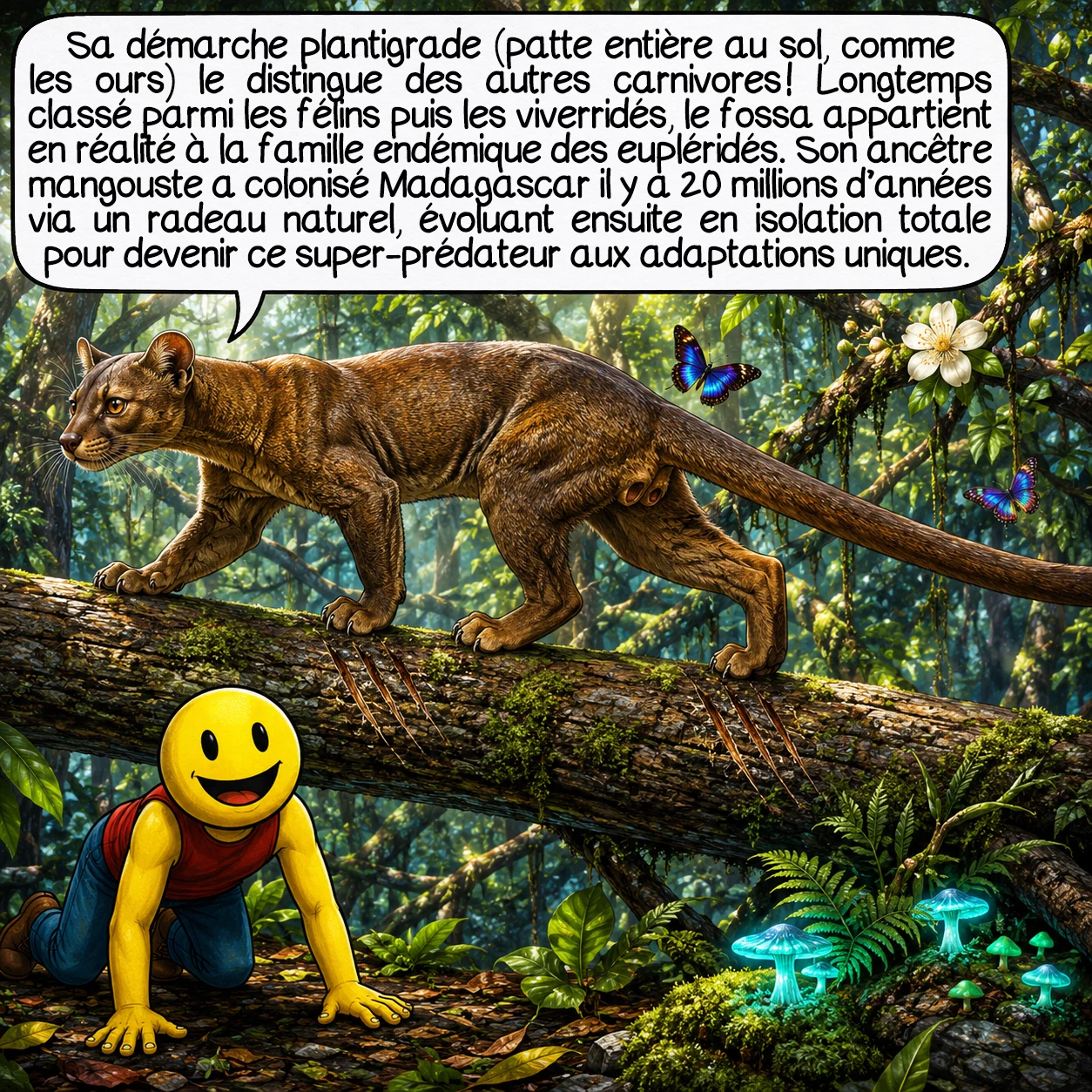 Le fossa, case 2 : Sa démarche plantigrade — patte entière au sol, comme les ours — le distingue des autres carnivores ! Longtemps classé parmi les félins puis les viverridés, le fossa appartient en réalité à la famille endémique des eupléridés. Son ancêtre mangouste a colonisé Madagascar il y a 20 millions d’années via un radeau naturel, évoluant ensuite en isolation totale pour devenir ce super-prédateur aux adaptations uniques.