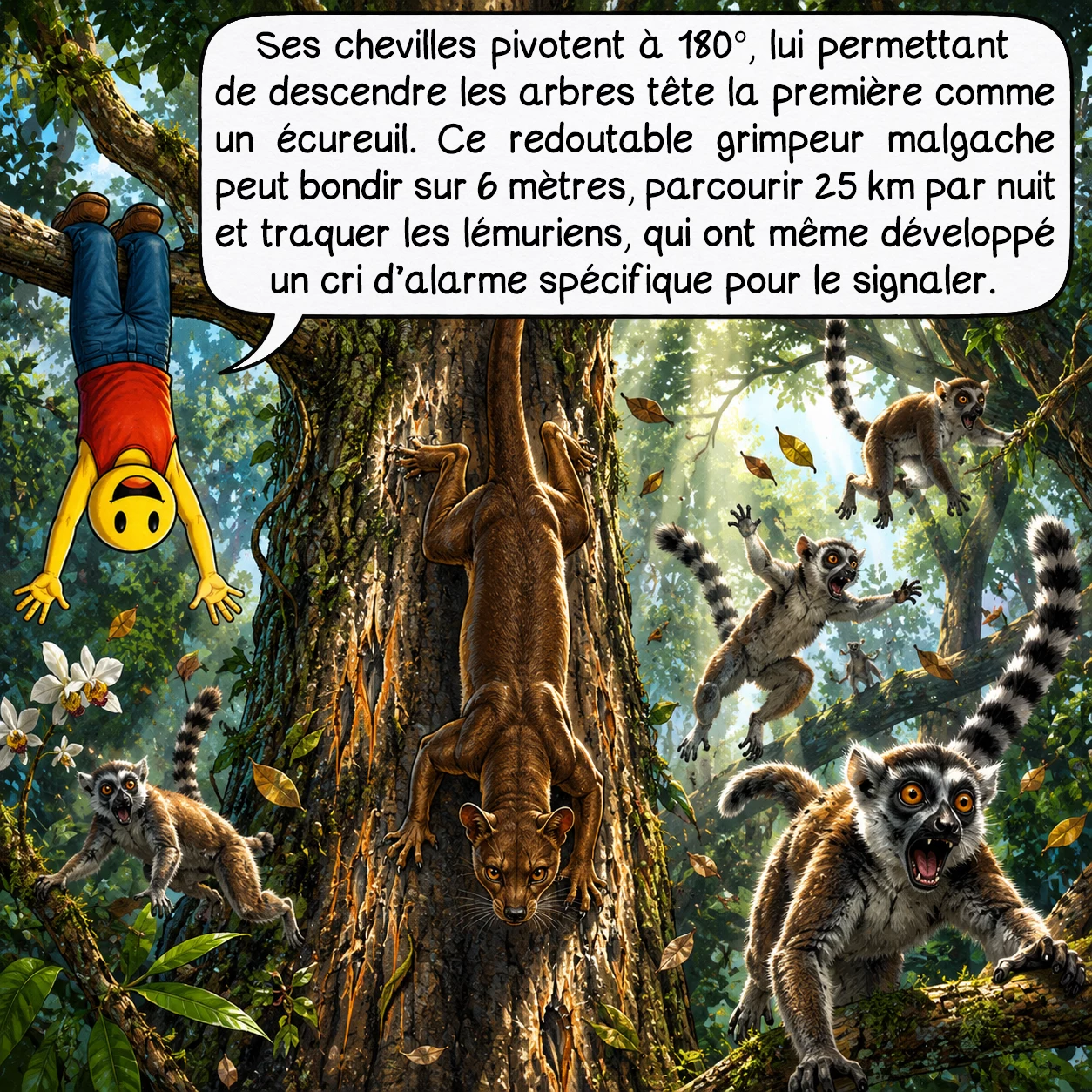Le fossa, case 3 : Ses chevilles pivotent à 180° — adaptation unique lui permettant de descendre tête première comme un écureuil ! Cette hypermobilité articulaire fait du fossa le grimpeur suprême de Madagascar, capable de poursuivre les lémuriens dans toutes les dimensions de la forêt. Il peut bondir jusqu’à 6 mètres entre les branches et parcourir 25 km par nuit. Les lémuriens, qui constituent 90 % de son régime, ont développé un cri d’alarme spécifique pour signaler sa présence.