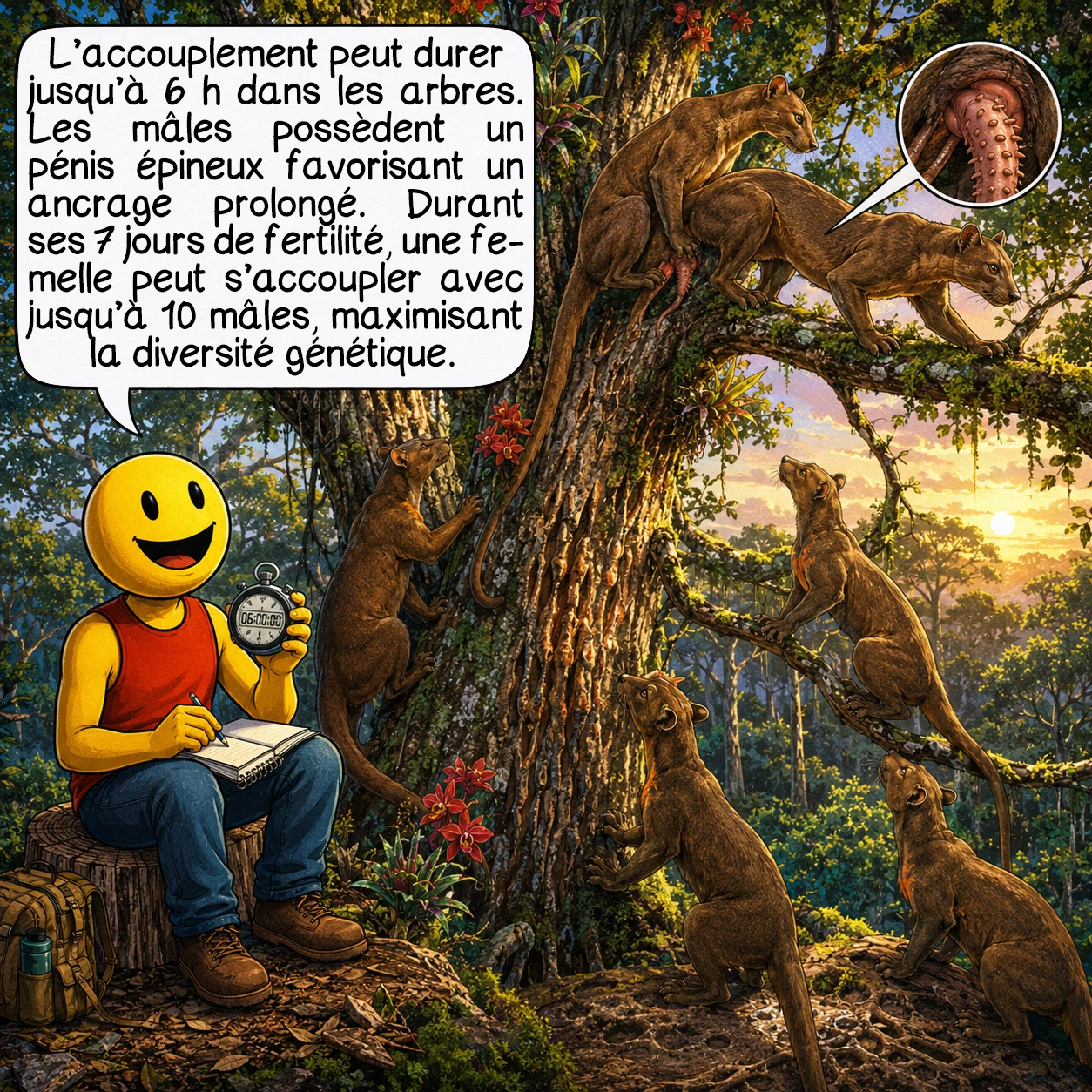 Le fossa, case 4 : Reproduction extraordinaire : l’accouplement dure jusqu’à 6 heures consécutives dans les arbres ! La compétition féroce a favorisé l’évolution de pénis surdimensionnés avec épines cornées, permettant l’ancrage prolongé. Une femelle s’accouple avec jusqu’à 10 mâles différents durant ses 7 jours de fertilité. Ce système de polyandrie séquentielle unique maximise la diversité génétique. Les glandes pectorales des mâles sécrètent alors une substance orange vif, signal chimique dont la fonction exacte reste mystérieuse.