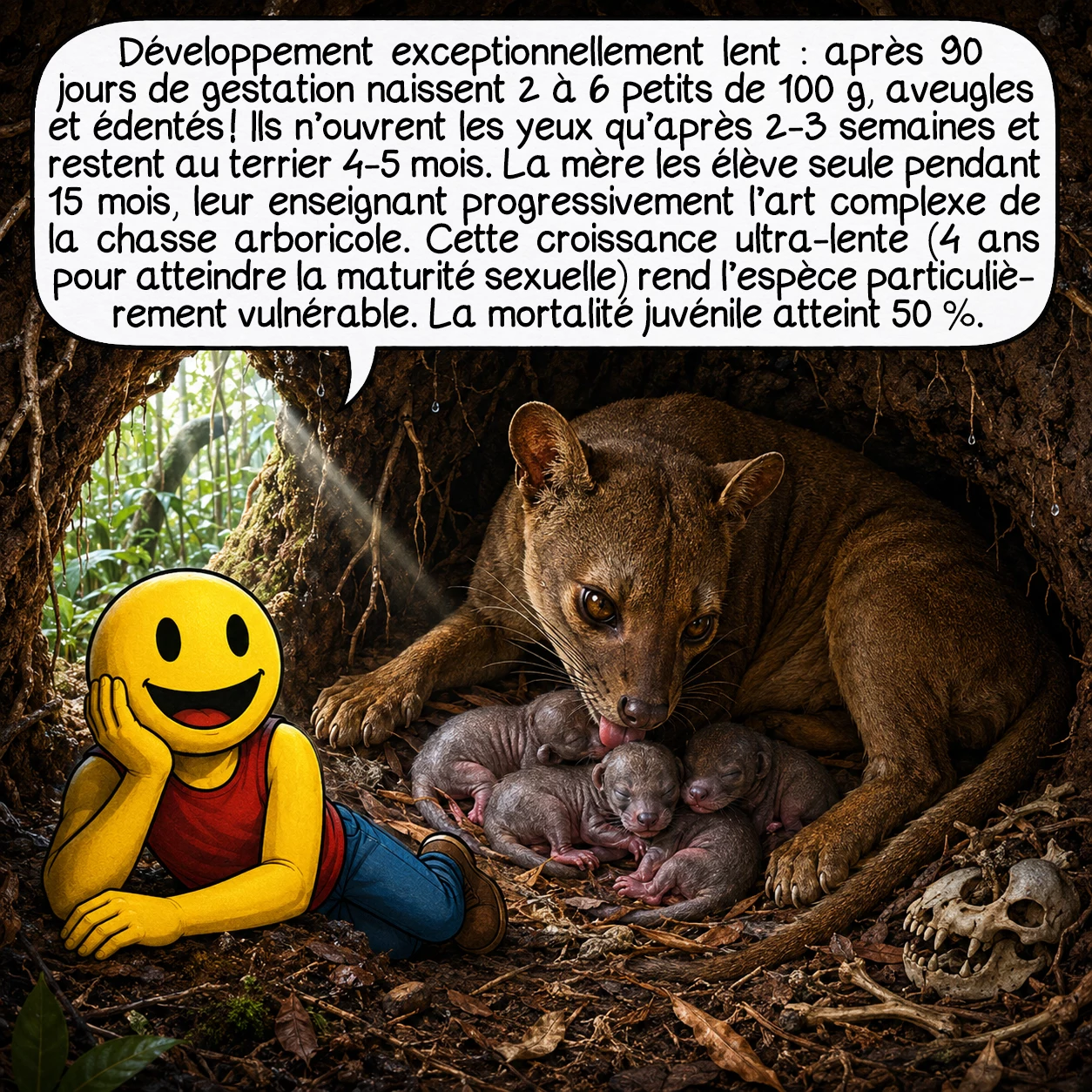 Le fossa, case 5 : Développement exceptionnellement lent : après 90 jours de gestation naissent 2 à 6 petits de 100 g, aveugles et édentés ! Ils n’ouvrent les yeux qu’après 2-3 semaines et restent au terrier 4-5 mois. La mère les élève seule pendant 15 mois, leur enseignant progressivement l’art complexe de la chasse arboricole. Cette croissance ultra-lente — 4 ans pour atteindre la maturité sexuelle — rend l’espèce particulièrement vulnérable. La mortalité juvénile atteint 50 %.