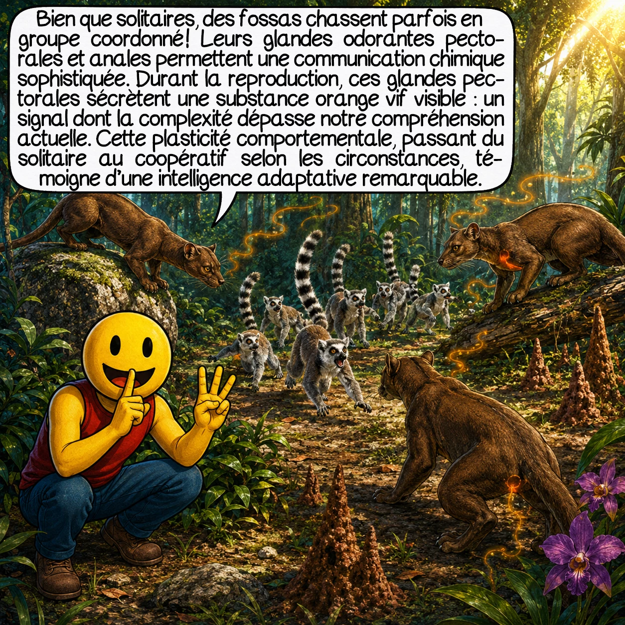 Le fossa, case 6 : Révélation comportementale : bien que solitaires, des fossas chassent parfois en groupe coordonné ! Leurs glandes odorantes pectorales et anales permettent une communication chimique sophistiquée. Durant la reproduction, ces glandes pectorales sécrètent une substance orange vif visible — un signal dont la complexité dépasse notre compréhension actuelle. Cette plasticité comportementale, passant du solitaire au coopératif selon les circonstances, témoigne d’une intelligence adaptative remarquable.