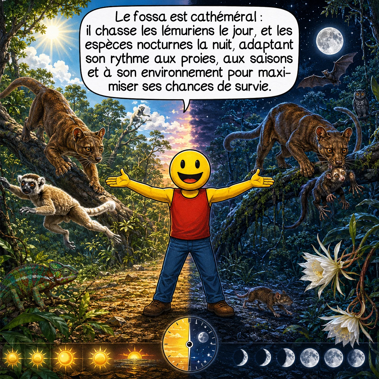 Le fossa, case 7 : Adaptabilité temporelle unique : le fossa est cathéméral, actif jour ET nuit selon ses besoins ! Cette flexibilité lui permet d’exploiter toutes les niches temporelles, chassant les lémuriens diurnes le jour et les espèces nocturnes la nuit. Il peut même ajuster son rythme selon les phases lunaires, les saisons, ou la pression humaine. Cette plasticité circadienne, rare chez les mammifères, maximise ses opportunités alimentaires dans un écosystème aux ressources fluctuantes.