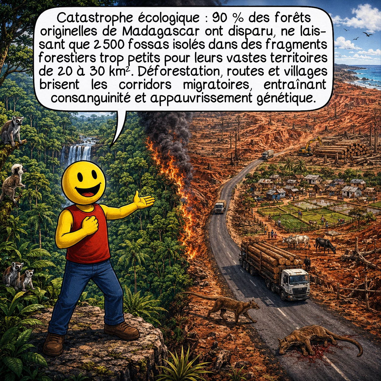 Le fossa, case 8 : Catastrophe écologique : 90 % des forêts originelles de Madagascar ont disparu ! Il ne reste que 2 500 fossas fragmentés en populations isolées génétiquement appauvries. Chaque fossa nécessite 20-30 km² de territoire ; les fragments actuels sont souvent insuffisants. La déforestation continue à 1-2 % annuellement pour l’agriculture sur brûlis, le charbon de bois et l’exploitation du bois précieux. Routes et villages coupent les corridors migratoires, condamnant les populations à la consanguinité.