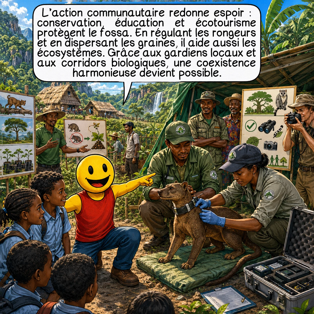 Le fossa, case 9 : L’espoir réside dans l’action communautaire ! Les programmes associent conservation, recherche scientifique, éducation et développement durable. Les villageois découvrent que le fossa contrôle naturellement les rongeurs ravageurs et disperse les graines forestières. Des corridors biologiques reconnectent les fragments isolés. L’écotourisme génère des revenus alternatifs. Les gardiens locaux, formés et rémunérés, protègent les fossas et réduisent les conflits. Ces initiatives prouvent que coexistence harmonieuse et conservation efficace sont possibles !