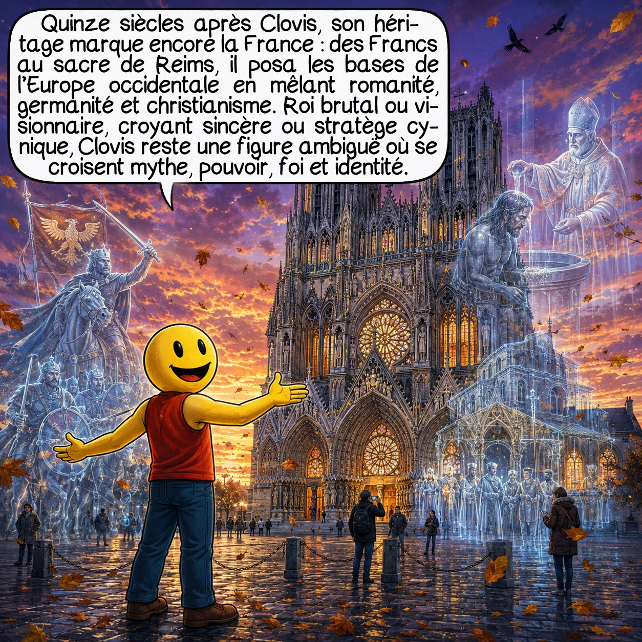 Clovis, case 10 : Quinze siècles après Clovis, son héritage perdure : la France tire son nom des Francs, Reims reste la cité des sacres, et la fusion entre romanité, germanité et christianisme qu’il initia façonna l’Europe occidentale. Roi brutal ou visionnaire politique, païen converti ou calculateur cynique, Clovis demeure cette figure ambiguë où mythe et histoire s’entremêlent, miroir de nos questionnements sur le pouvoir, la foi et l’identité.