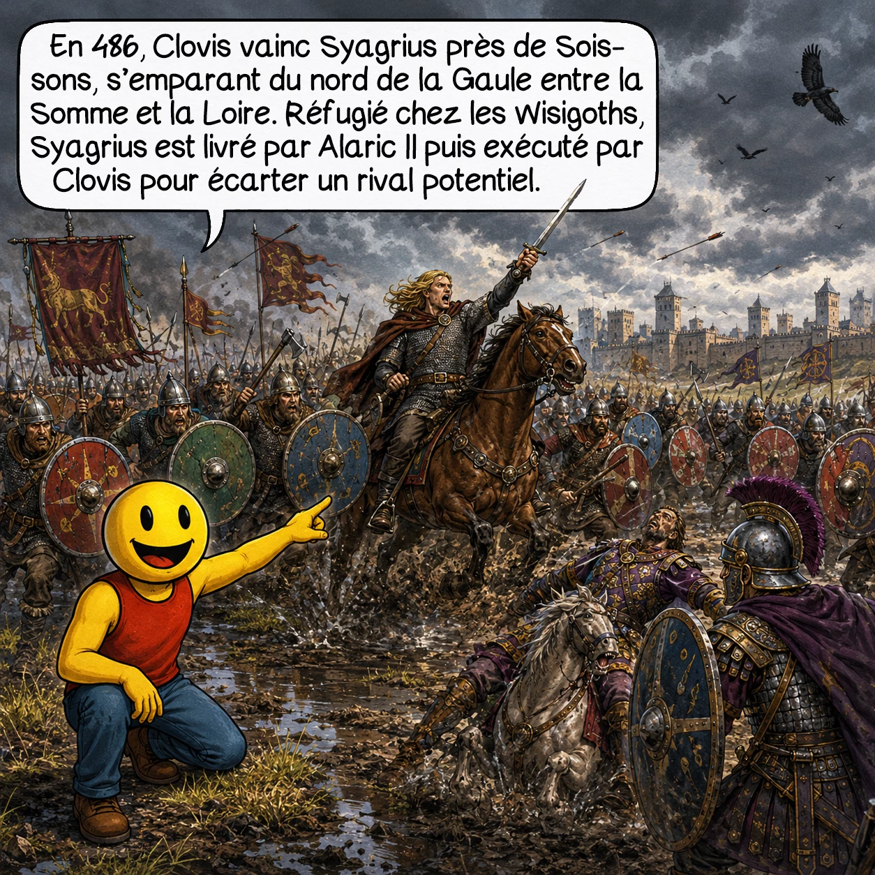 Clovis, case 2 : En 486, Clovis affronte Syagrius, le dernier représentant du pouvoir romain en Gaule, près de Soissons. Cette victoire décisive lui ouvre les portes de tout le nord de la Gaule, de la Somme à la Loire. Syagrius s’enfuit chez les Wisigoths, mais leur roi Alaric II le livre à Clovis, qui le fait exécuter — une pratique courante pour éliminer les rivaux potentiels à cette époque.