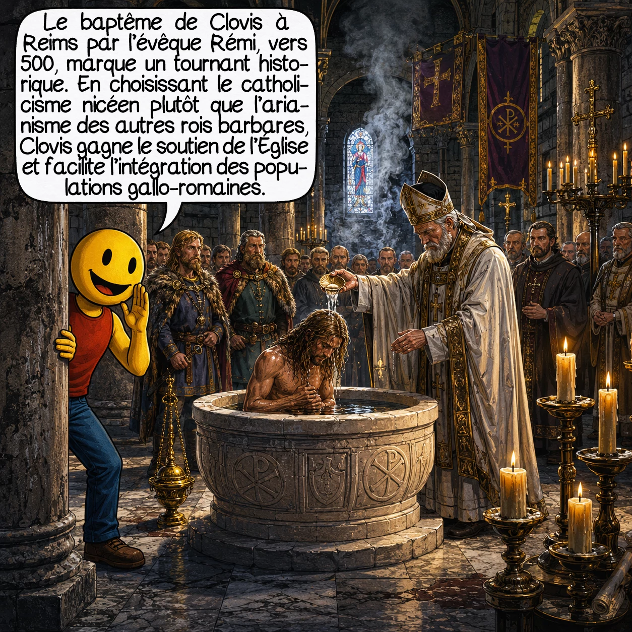 Clovis, case 3 : Le baptême de Clovis à Reims par l’évêque Rémi marque un tournant majeur — la date exacte reste débattue entre 496 et 508. Contrairement aux autres rois barbares convertis à l’arianisme, Clovis choisit le catholicisme nicéen, la religion de la majorité gallo-romaine. Cette décision stratégique lui assure le soutien crucial de l’Église et facilite l’intégration de ses sujets gallo-romains.