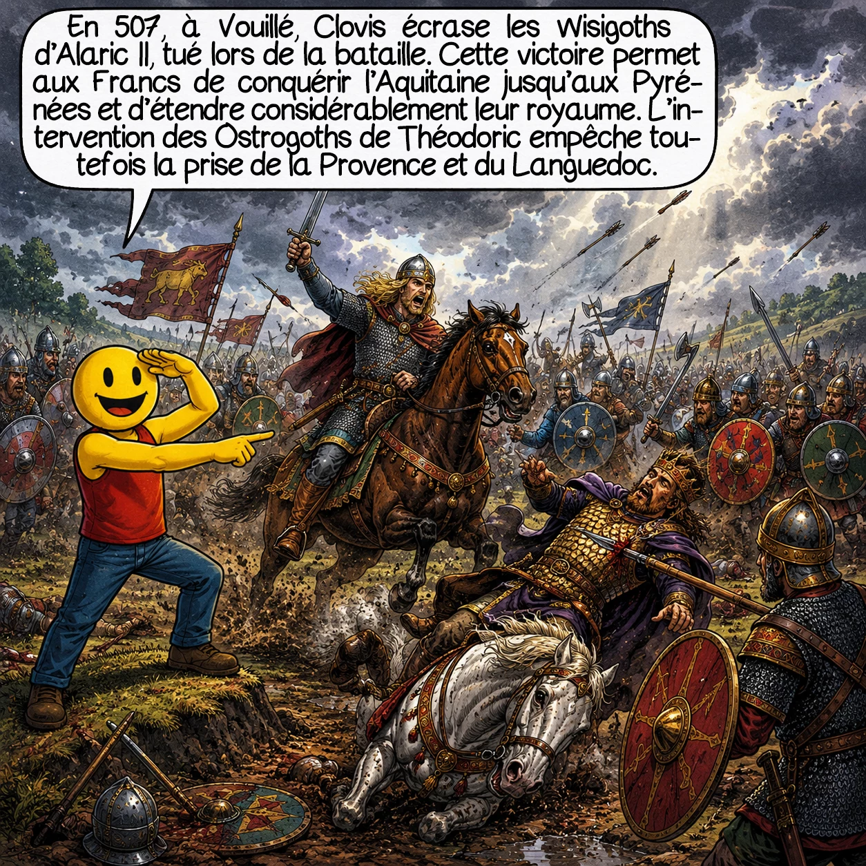 Clovis, case 5 : En 507, à Vouillé, Clovis écrase les Wisigoths d’Alaric II qu’il tue de sa propre main selon la tradition. Cette victoire lui ouvre l’Aquitaine jusqu’aux Pyrénées, quadruplant la superficie de son royaume. Seule l’intervention des Ostrogoths de Théodoric le Grand l’empêche de prendre la Provence et le Languedoc, préservant un accès méditerranéen aux Wisigoths repliés en Espagne.