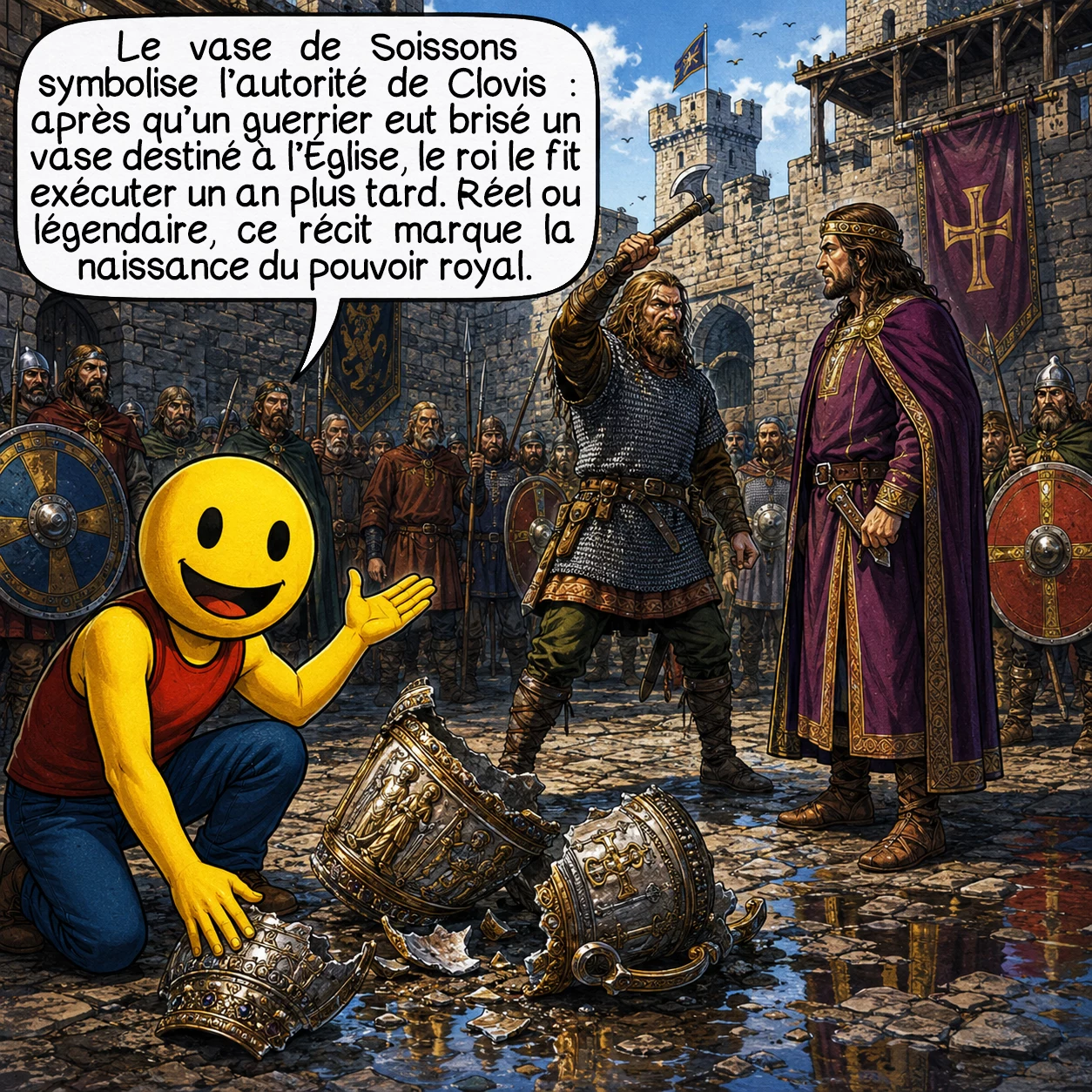 Clovis, case 7 : L’épisode du vase de Soissons, rapporté par Grégoire de Tours, illustre les tensions du pouvoir royal naissant. Un guerrier brise le vase que Clovis voulait rendre à l’Église, invoquant la tradition du partage égal. Un an plus tard, Clovis le tue en public, affirmant son autorité. Mythe ou réalité, ce récit symbolise le passage du chef de guerre élu au roi de droit divin.