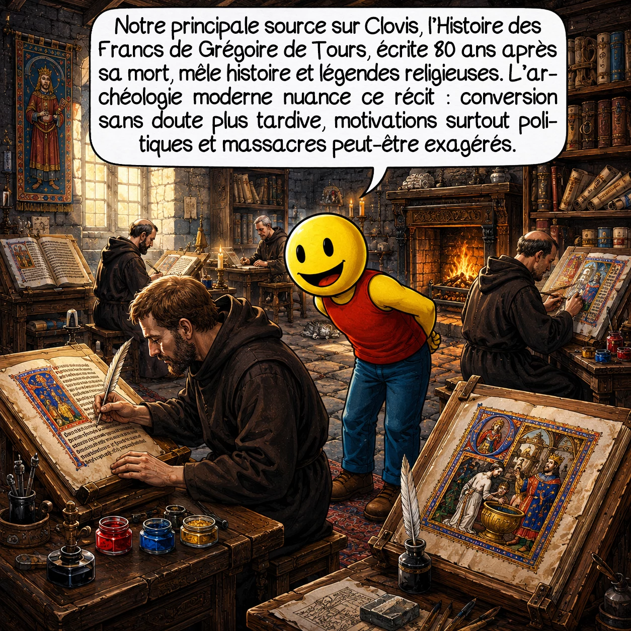 Clovis, case 8 : Notre principale source sur Clovis reste l’Histoire des Francs de Grégoire de Tours, écrite 80 ans après sa mort. Ce texte, empreint de visée religieuse, mélange faits historiques et légendes édifiantes. L’archéologie moderne révèle des nuances : la conversion fut probablement plus tardive, les motivations plus politiques que spirituelles, et certains massacres attribués à Clovis pourraient être des exagérations.