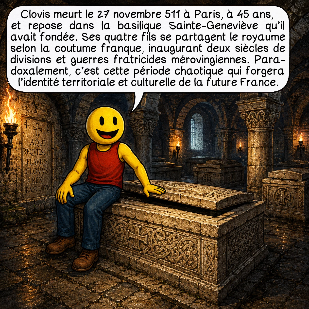 Clovis, case 9 : Clovis meurt le 27 novembre 511 à Paris, à 45 ans, et repose dans la basilique Sainte-Geneviève qu’il avait fondée. Ses quatre fils se partagent le royaume selon la coutume franque, inaugurant deux siècles de divisions et guerres fratricides mérovingiennes. Paradoxalement, c’est cette période chaotique qui forgera l’identité territoriale et culturelle de la future France.