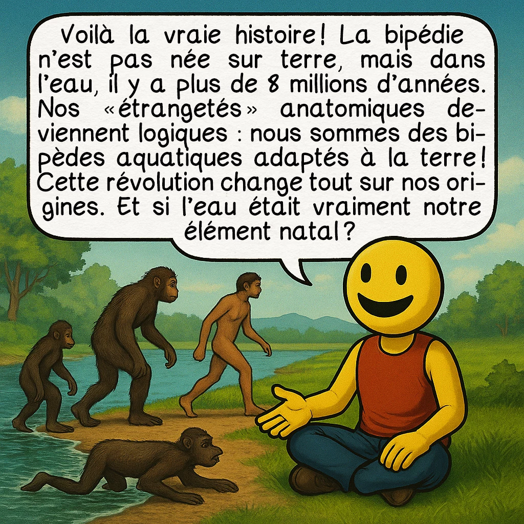 La bipédie initiale, case 10 : Voilà la vraie histoire ! La bipédie n’est pas née sur terre, mais dans l’eau, il y a plus de 8 millions d’années. Nos « étrangetés » anatomiques deviennent logiques : nous sommes des bipèdes aquatiques adaptés à la terre ! Cette révolution change tout sur nos origines. Et si l’eau était vraiment notre élément natal ?