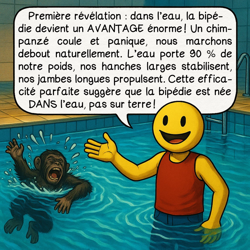 La bipédie initiale, case 2 : Première révélation : dans l’eau, la bipédie devient un AVANTAGE énorme ! Un chimpanzé coule et panique, nous marchons debout naturellement. L’eau porte 90 % de notre poids, nos hanches larges stabilisent, nos jambes longues propulsent. Cette efficacité parfaite suggère que la bipédie est née DANS l’eau, pas sur terre !