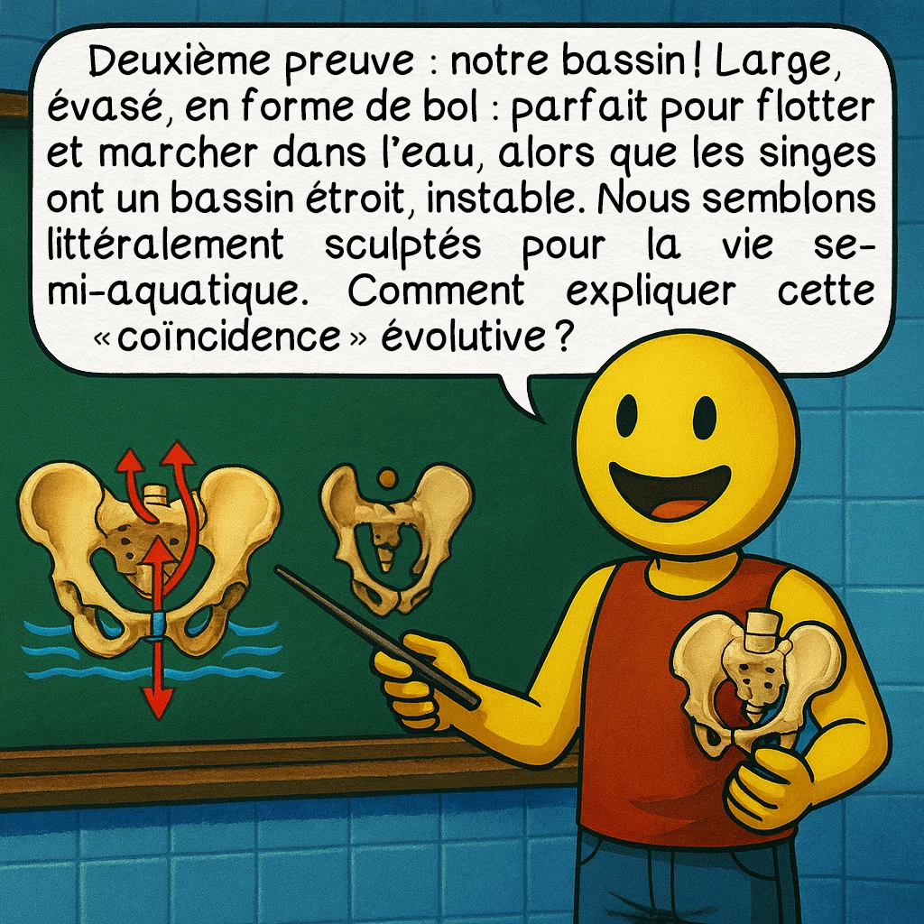 La bipédie initiale, case 3 : Deuxième preuve : notre bassin ! Large, évasé, en forme de bol : parfait pour flotter et marcher dans l’eau, alors que les singes ont un bassin étroit, instable. Nous semblons littéralement sculptés pour la vie semi-aquatique. Comment expliquer cette « coïncidence » évolutive ?