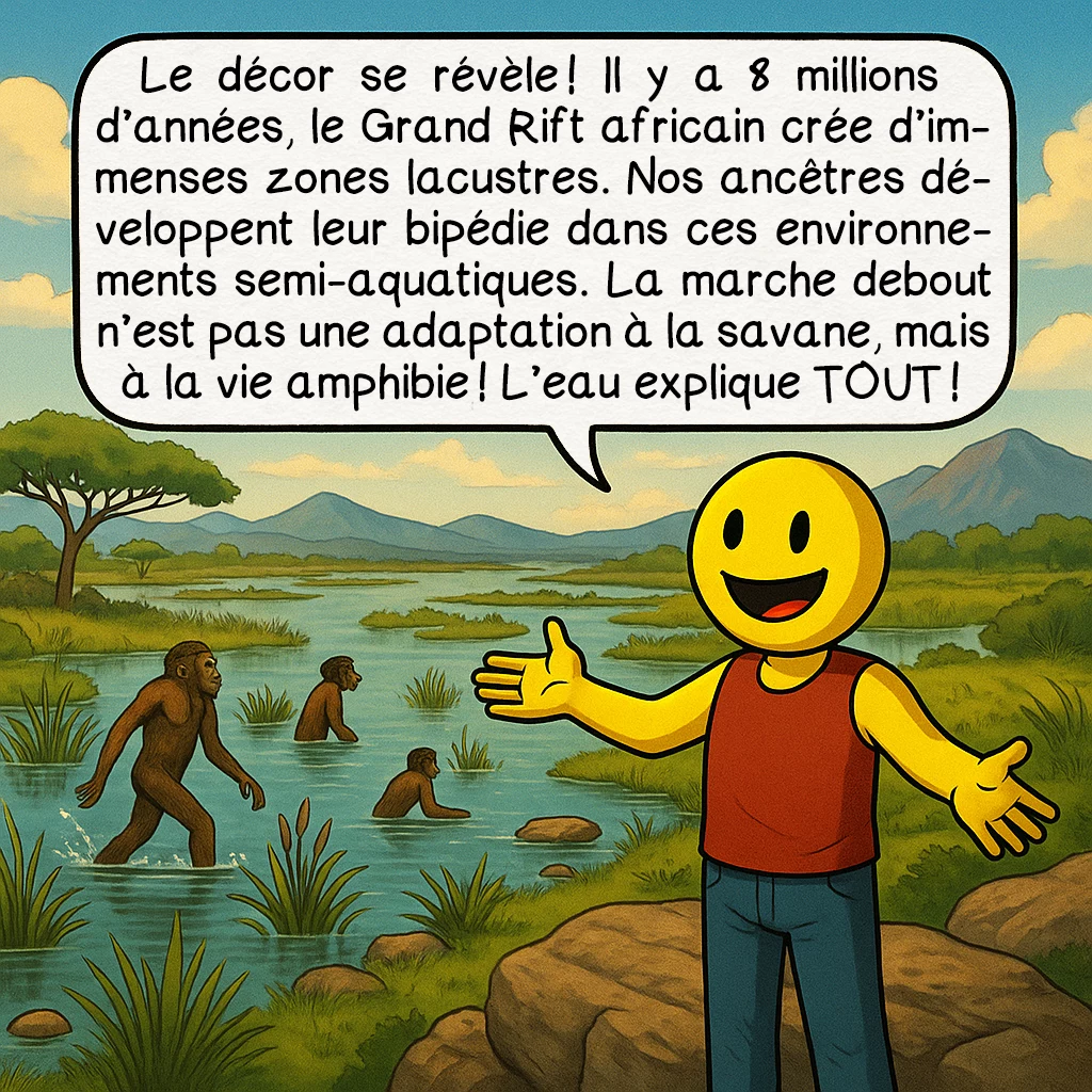 La bipédie initiale, case 5 : Le décor se révèle ! Il y a 8 millions d’années, le Grand Rift africain crée d’immenses zones lacustres. Nos ancêtres développent leur bipédie dans ces environnements semi-aquatiques. La marche debout n’est pas une adaptation à la savane, mais à la vie amphibie ! L’eau explique TOUT !