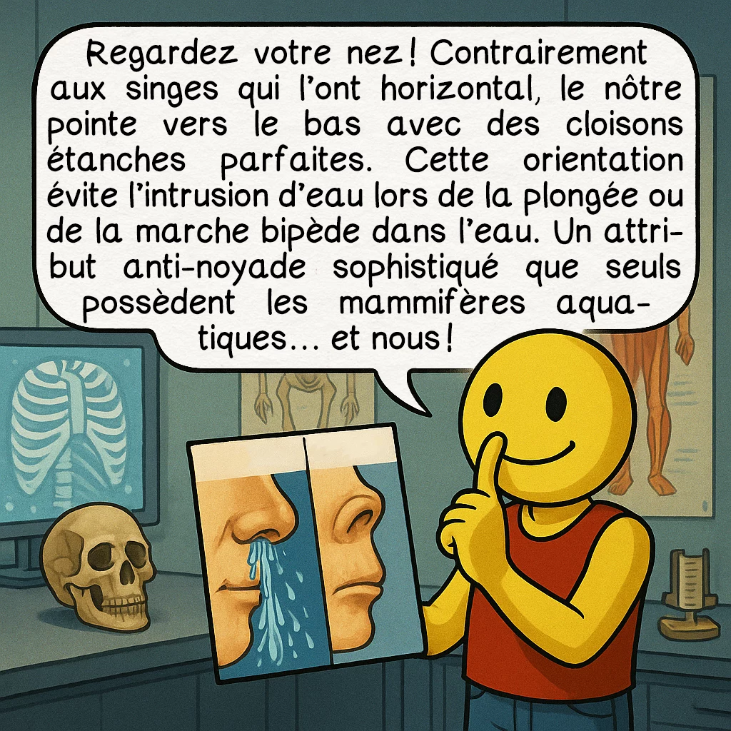 La bipédie initiale, case 6 : Regardez votre nez ! Contrairement aux singes qui l’ont horizontal, le nôtre pointe vers le bas avec des cloisons étanches parfaites. Cette orientation évite l’intrusion d’eau lors de la plongée ou de la marche bipède dans l’eau. Un attribut anti-noyade sophistiqué que seuls possèdent les mammifères aquatiques… et nous !