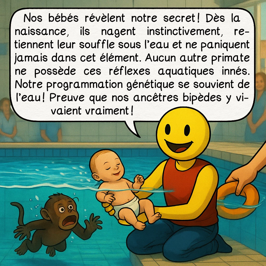La bipédie initiale, case 7 : Nos bébés révèlent notre secret ! Dès la naissance, ils nagent instinctivement, retiennent leur souffle sous l’eau et ne paniquent jamais dans cet élément. Aucun autre primate ne possède ces réflexes aquatiques innés. Notre programmation génétique se souvient de l’eau ! Preuve que nos ancêtres bipèdes y vivaient vraiment !
