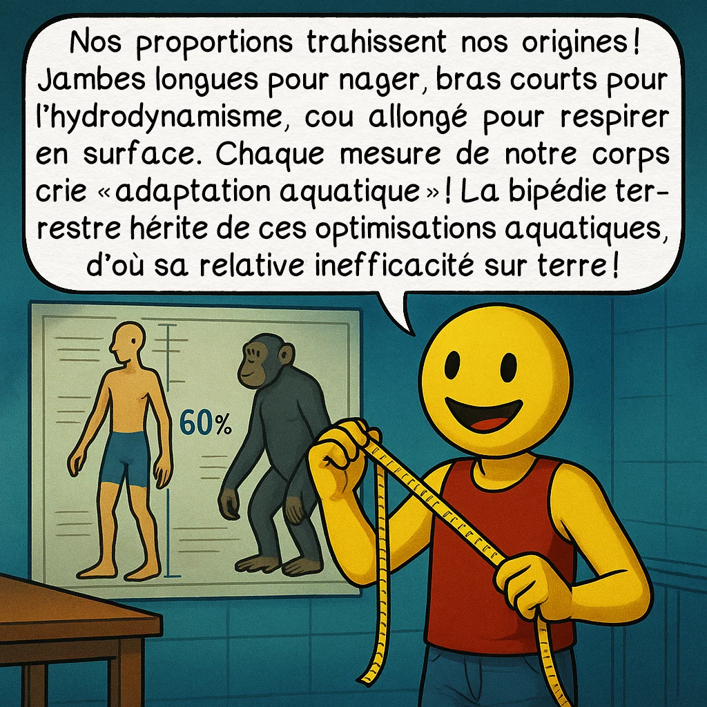 La bipédie initiale, case 8 : Nos proportions trahissent nos origines ! Jambes longues pour nager, bras courts pour l’hydrodynamisme, cou allongé pour respirer en surface. Chaque mesure de notre corps crie « adaptation aquatique » ! La bipédie terrestre hérite de ces optimisations aquatiques, d’où sa relative inefficacité sur terre !