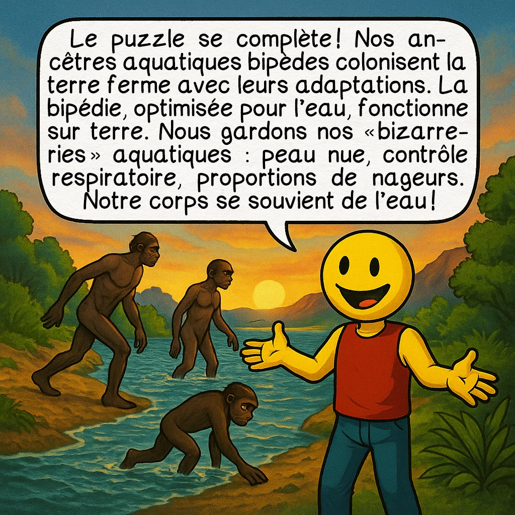 La bipédie initiale, case 9 : Le puzzle se complète ! Nos ancêtres aquatiques bipèdes colonisent la terre ferme avec leurs adaptations. La bipédie, optimisée pour l’eau, fonctionne sur terre. Nous gardons nos « bizarreries » aquatiques : peau nue, contrôle respiratoire, proportions de nageurs. Notre corps se souvient de l’eau !
