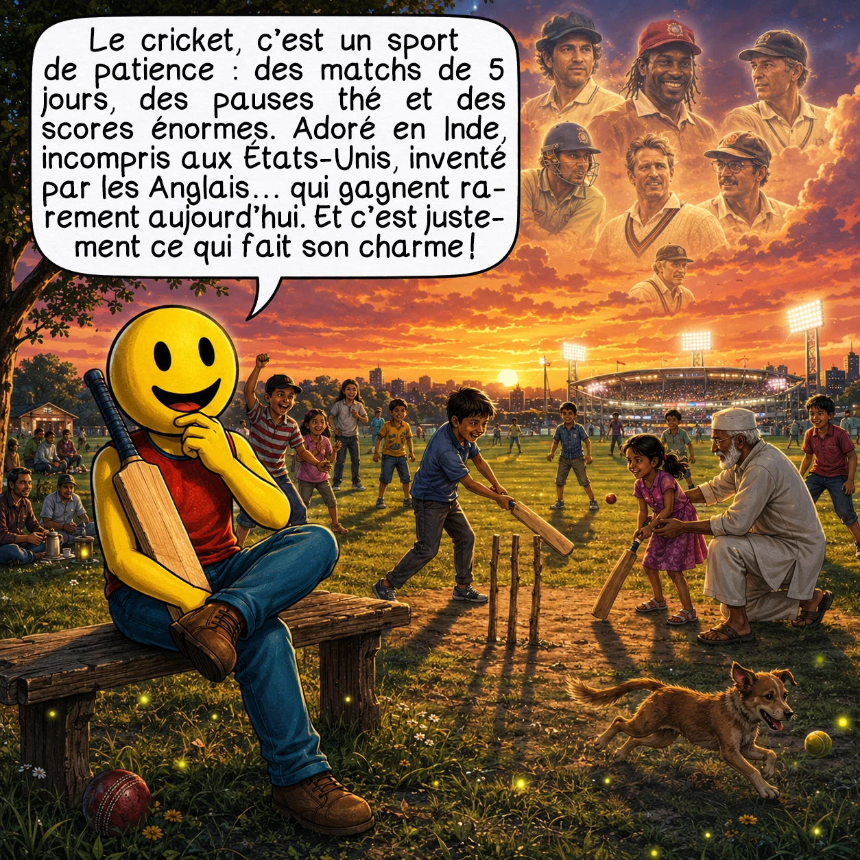 Le cricket, case 10 : Le cricket, c’est l’art de la patience dans un monde pressé. Un sport où on peut jouer 5 jours pour un match nul, où on s’arrête pour le thé, où marquer 300 points est normal. Les Indiens en sont fous, les Américains n’y comprennent rien, les Anglais l’ont inventé, mais ne gagnent plus… Et quelque part, ça fait son charme. Un jour peut-être, vous aussi, vous comprendrez la magie de ces trois bâtons de bois !