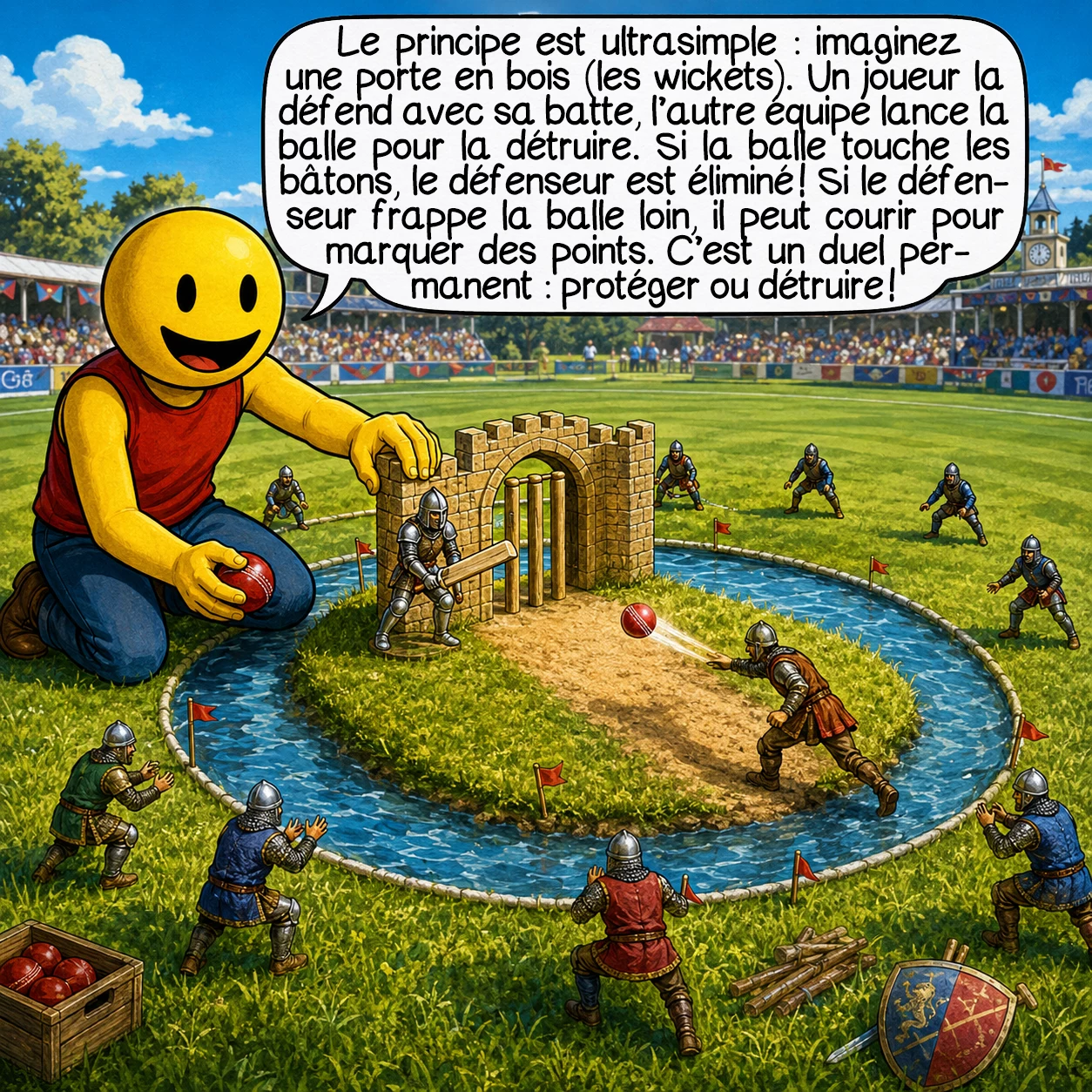 Le cricket, case 2 : Le principe est ultrasimple : imaginez une porte en bois (les wickets). Un joueur la défend avec sa batte, l’autre équipe lance la balle pour la détruire. Si la balle touche les bâtons, le défenseur est éliminé ! Si le défenseur frappe la balle loin, il peut courir pour marquer des points. C’est un duel permanent : protéger ou détruire !