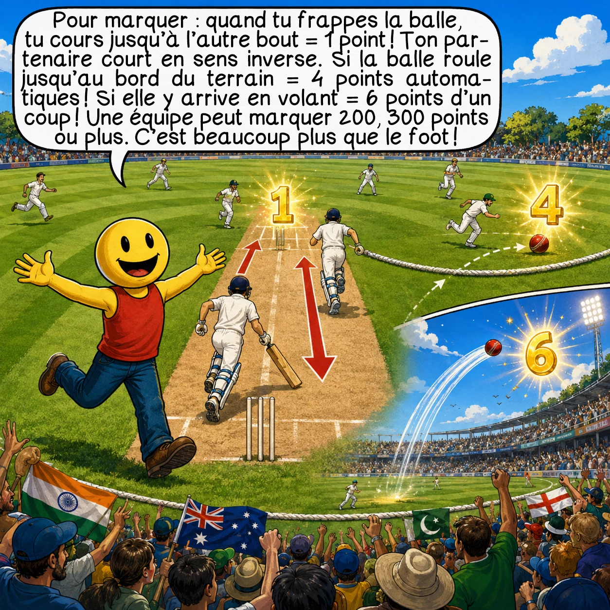 Le cricket, case 3 : Pour marquer : quand tu frappes la balle, tu cours jusqu’à l’autre bout = 1 point ! Ton partenaire court en sens inverse. Si la balle roule jusqu’au bord du terrain = 4 points automatiques ! Si elle y arrive en volant = 6 points d’un coup ! Une équipe peut marquer 200, 300 points ou plus. C’est beaucoup plus que le foot !