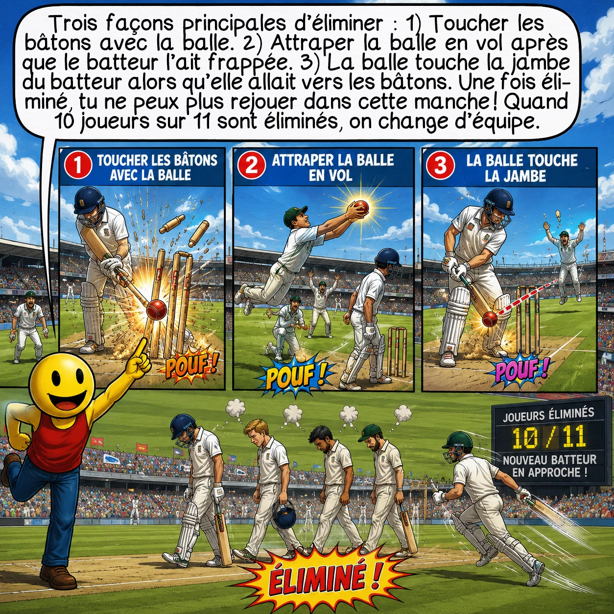 Le cricket, case 4 : Trois façons principales d’éliminer : 1) Toucher les bâtons avec la balle. 2) Attraper la balle en vol après que le batteur l’ait frappée. 3) La balle touche la jambe du batteur alors qu’elle allait vers les bâtons. Une fois éliminé, tu ne peux plus rejouer dans cette manche ! Quand 10 joueurs sur 11 sont éliminés, on change d’équipe.