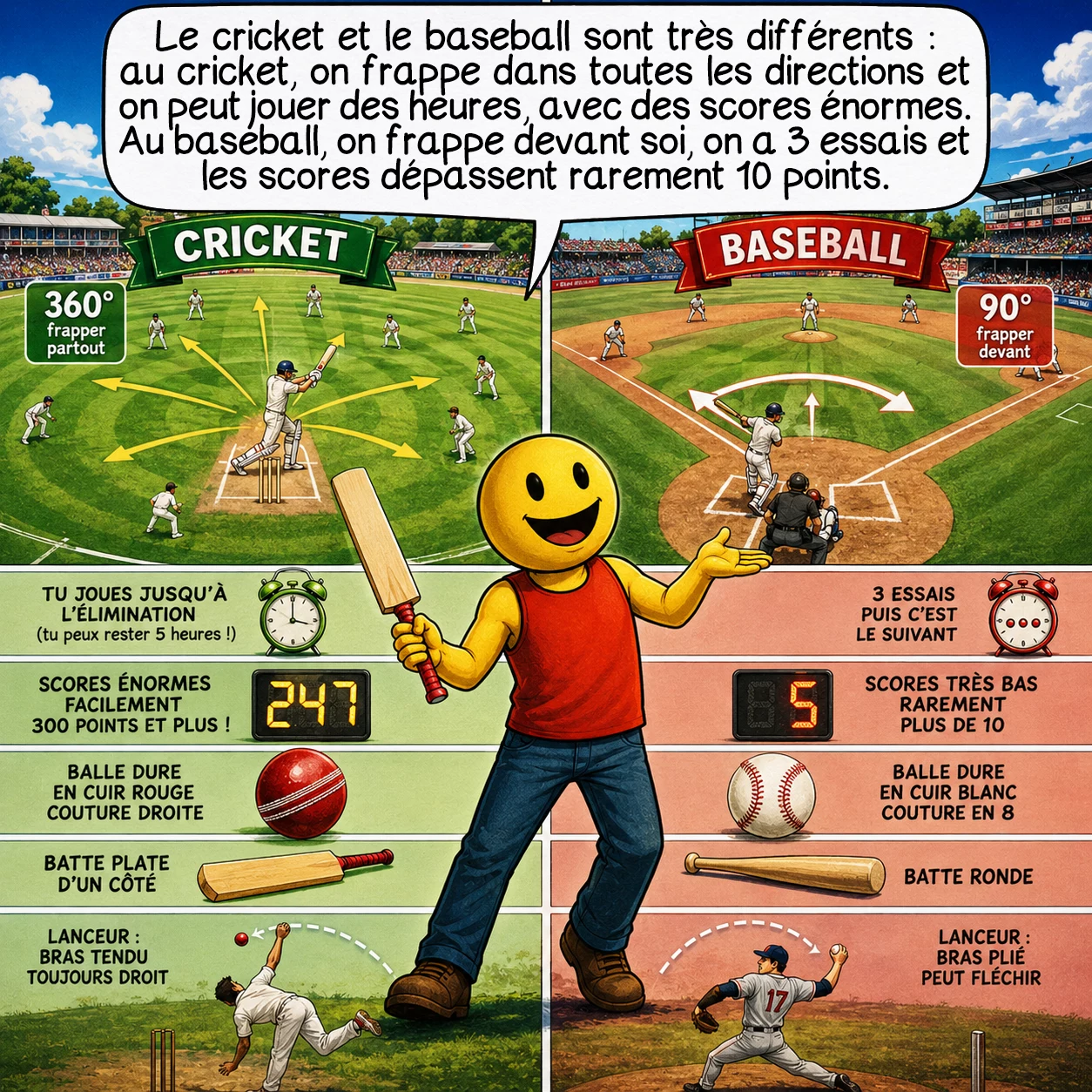 Le cricket, case 5 : Cricket et baseball : très différents ! Au cricket, tu peux frapper la balle partout autour de toi, au baseball seulement devant. Au cricket, tu joues jusqu’à l’élimination (tu peux rester 5 heures !), au baseball, tu as 3 essais. Au cricket on marque facilement 300 points, au baseball rarement plus de 10. Au cricket, le lanceur lance bras tendu, au baseball, il peut plier le bras.