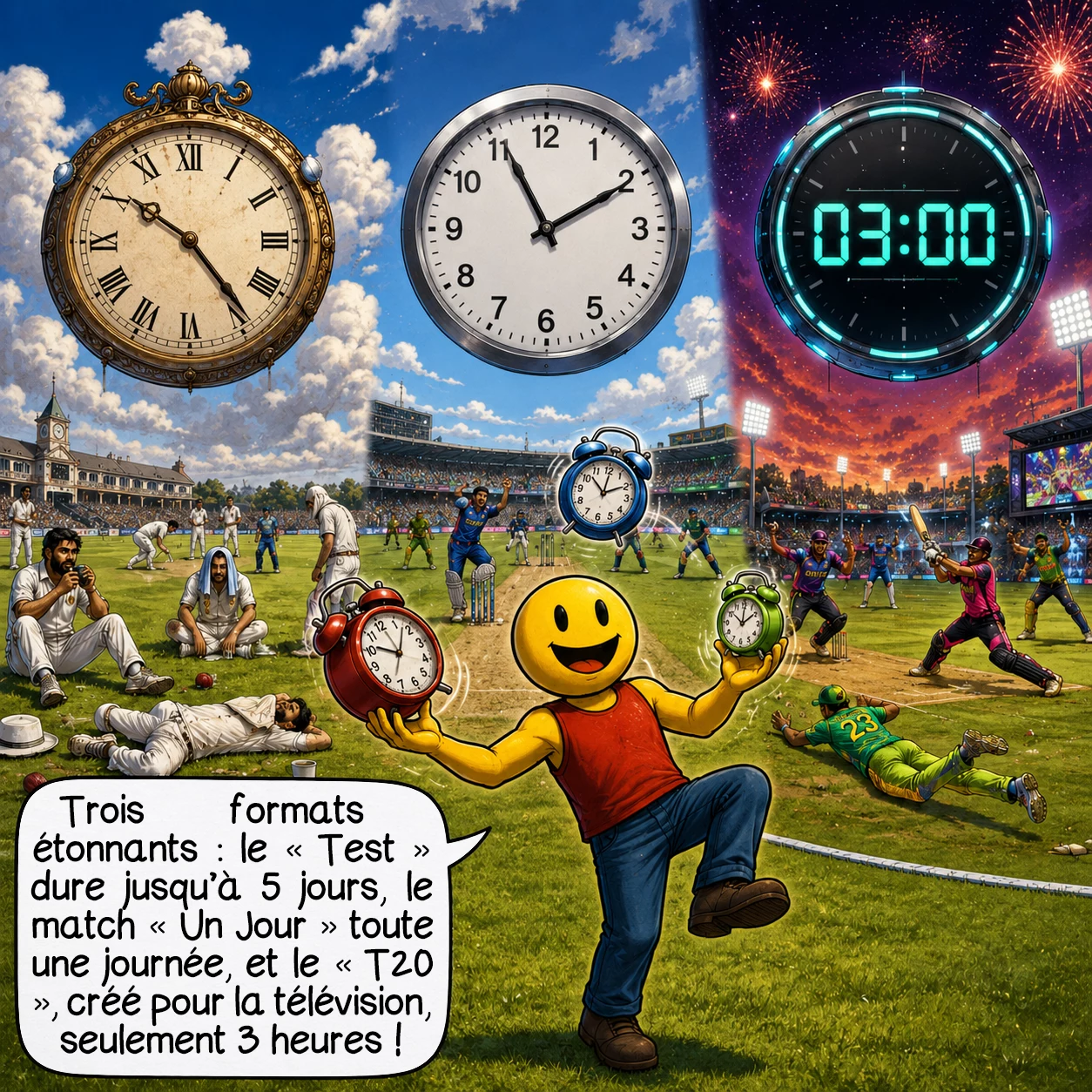 Le cricket, case 6 : Trois durées complètement folles ! Match « Test » : ça dure 5 JOURS, oui 5 jours ! C’est le marathon ultime. Match « Un Jour » : toute une journée, du matin au soir. Match « T20' : 3 heures seulement, créé en 2003 pour la télé, super dynamique ! Imaginez regarder le même match pendant 5 jours… Les Anglais adorent ça !