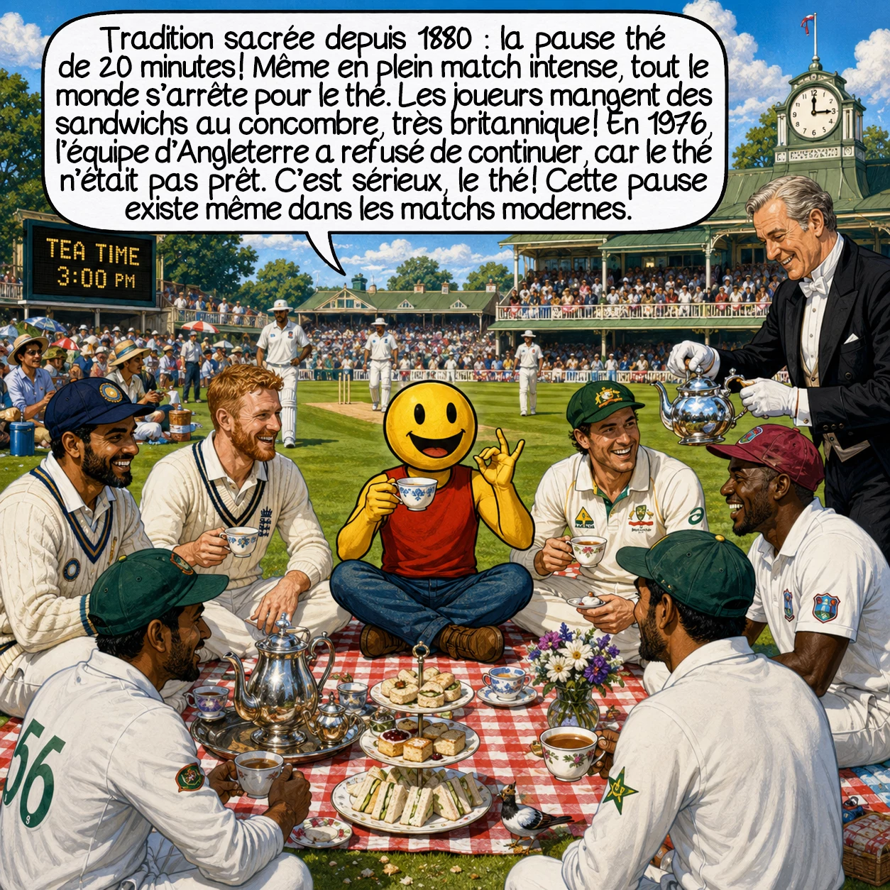 Le cricket, case 8 : Tradition sacrée depuis 1880 : la pause thé de 20 minutes ! Même en plein match intense, tout le monde s’arrête pour le thé. Les joueurs mangent des sandwichs au concombre, très britannique ! En 1976, l’équipe d’Angleterre a refusé de continuer, car le thé n’était pas prêt. C’est sérieux, le thé ! Cette pause existe même dans les matchs modernes.