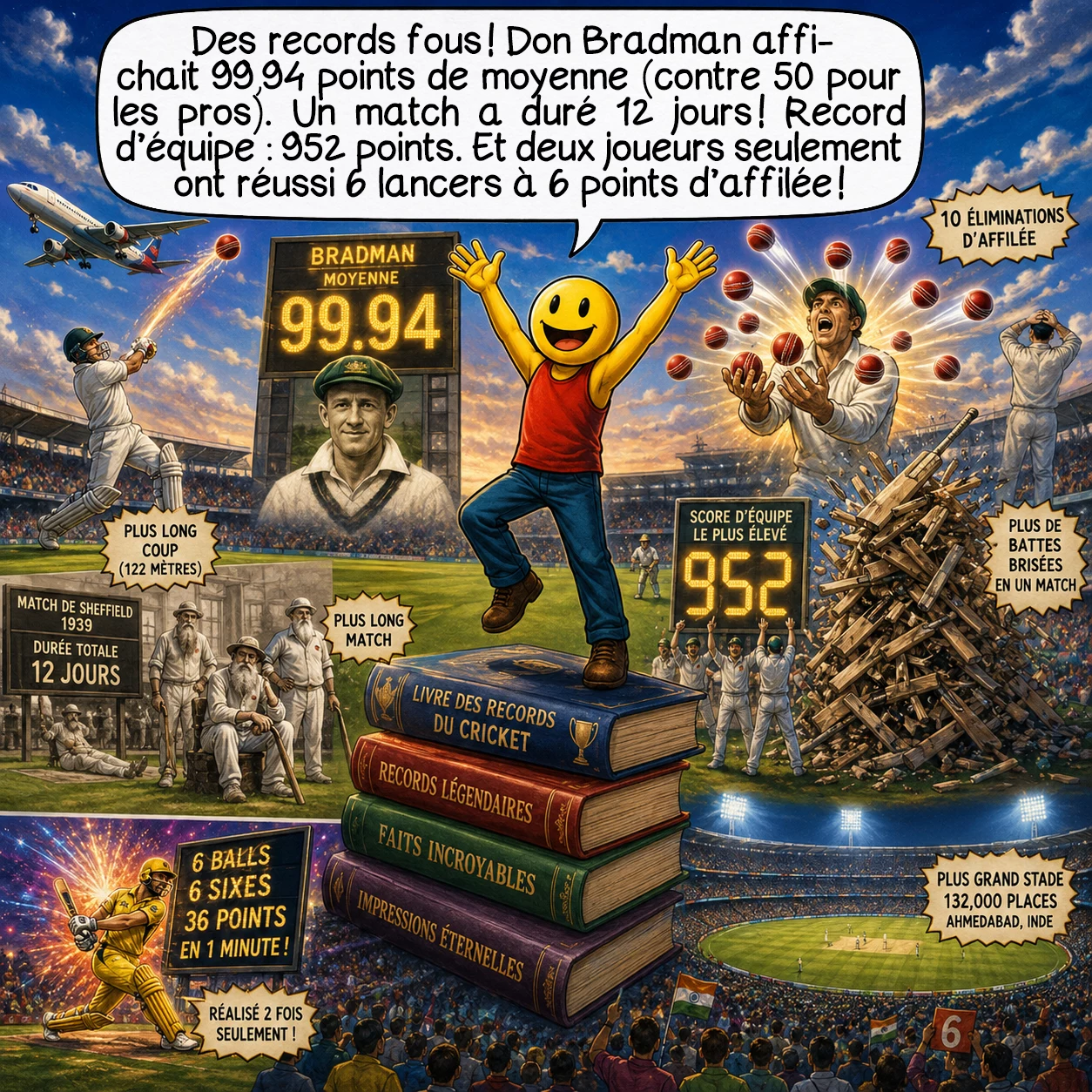 Le cricket, case 9 : Records dingues ! Don Bradman, le meilleur joueur de tous les temps, moyenne de 99,94 points par match (les autres pros : 50). Plus long match : 12 jours en 1939 ! Plus gros score d’équipe : 952 points. Six balles, six fois 6 points : 36 points en une minute, réalisé deux fois seulement ! Le plus grand stade : 132 000 places en Inde. Certains matchs sont si longs qu’on les arrête pour… attraper l’avion du retour !
