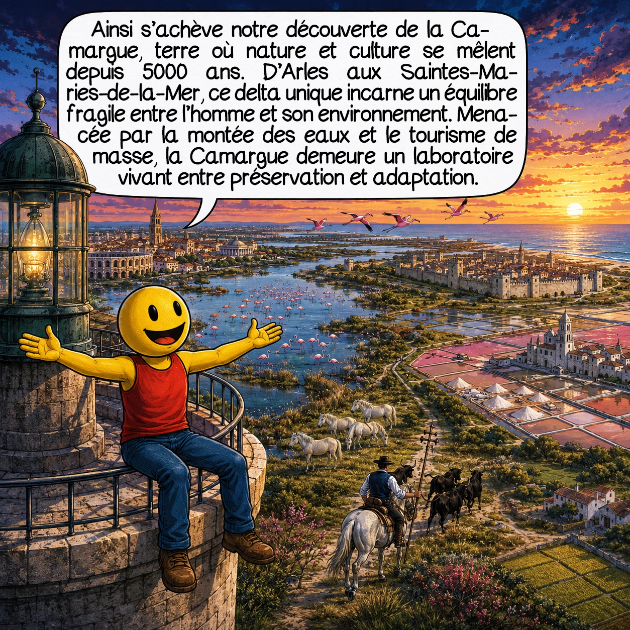 La Camargue, case 10 : Ainsi s’achève notre découverte de la Camargue, terre façonnée depuis 5000 ans où nature et culture sont indissociables. D’Arles l’antique aux Saintes-Maries mystiques, des salins millénaires aux rizières modernes, des légendes occitanes aux traditions taurines, ce delta unique témoigne d’une harmonie fragile entre l’homme et son environnement. Menacée par la montée des eaux — 40 % submersibles d’ici 2100 — et accueillant 10 millions de visiteurs annuels, la Camargue reste ce laboratoire vivant où s’invente chaque jour l’équilibre impossible entre préservation et adaptation.