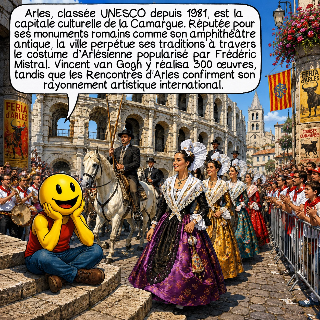 La Camargue, case 2 : Arles, classée UNESCO depuis 1981, est la capitale culturelle de la Camargue avec ses monuments romains exceptionnels — cet amphithéâtre de 20 000 places date de 90 après J.-C. La ville perpétue ses traditions : le costume d’Arlésienne, codifié par Frédéric Mistral en 1904, inspire Christian Lacroix, natif d’ici. Les férias d’avril et septembre attirent 500 000 visiteurs, mêlant courses camarguaises et festivités. Van Gogh y créa 300 œuvres en 15 mois. Les Rencontres photographiques, fondées en 1970, confirment Arles comme carrefour artistique international.