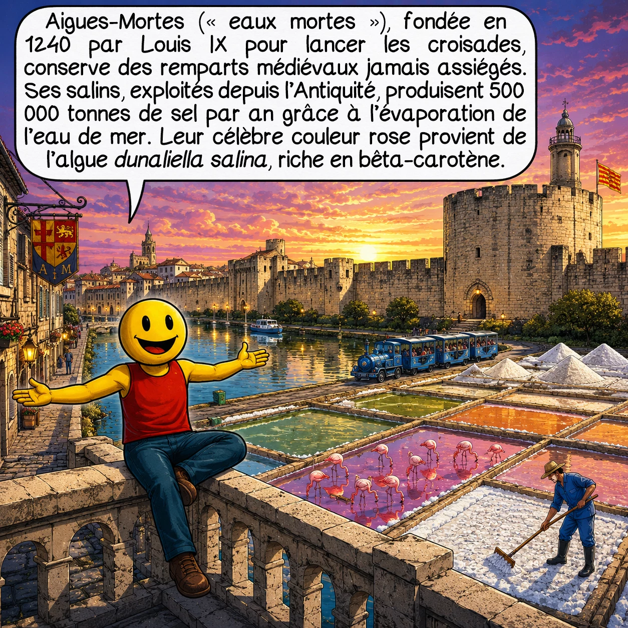La Camargue, case 3 : Aigues-Mortes, « Eaux-Mortes », fut créée par Louis IX en 1240 comme unique port royal méditerranéen pour lancer les croisades. Les remparts, achevés en 1300, n’ont jamais été assiégés, préservant leur architecture militaire intacte. Les salins adjacents, exploités depuis l’Antiquité romaine, produisent aujourd’hui 500 000 tonnes de sel sur 10 000 hectares. Le processus nécessite l’évaporation de 9 volumes d’eau pour 1 volume de sel. La coloration rose spectaculaire provient de l’algue Dunaliella salina produisant du bêta-carotène — concentration multipliée par 10 en été.