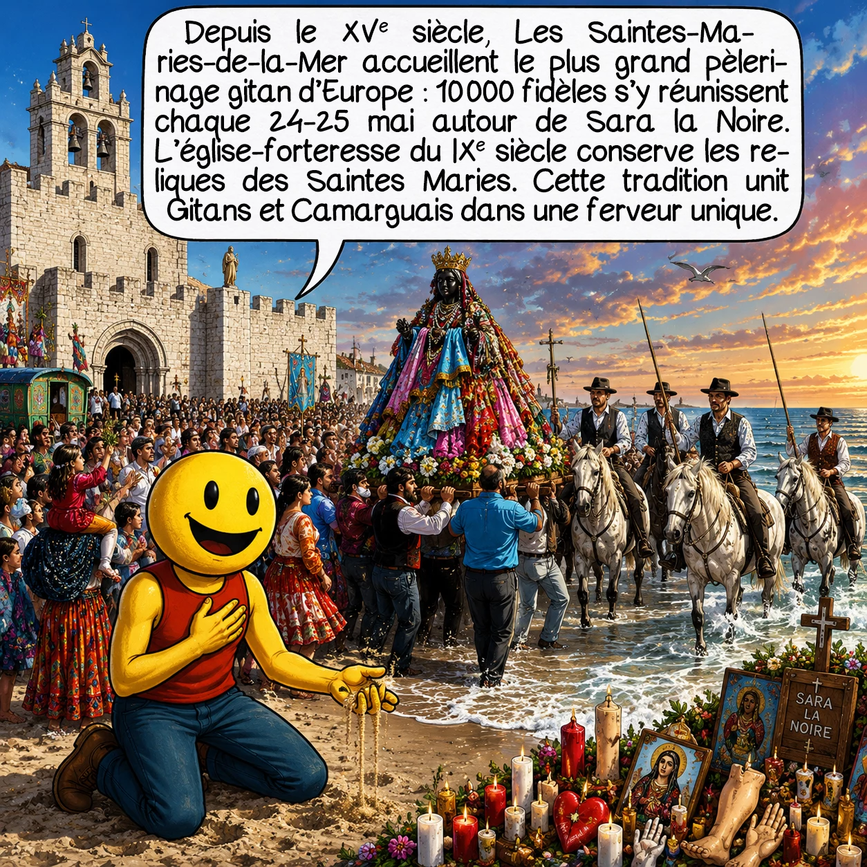La Camargue, case 4 : Les Saintes-Maries-de-la-Mer accueillent depuis le XVe siècle le plus grand pèlerinage gitan d’Europe - 10 000 pèlerins les 24-25 mai. Sara la Noire, servante qui aurait accueilli Marie-Jacobé et Marie-Salomé fuyant la Palestine en 45, est la sainte patronne des Gitans, bien que non canonisée. L’église-forteresse du IXe siècle, conçue contre les raids sarrasins, abrite leurs reliques. Cette tradition, patrimoine immatériel UNESCO, unit Gitans venus de toute l’Europe — certains parcourant 1500 km — et Camarguais dans une ferveur unique.