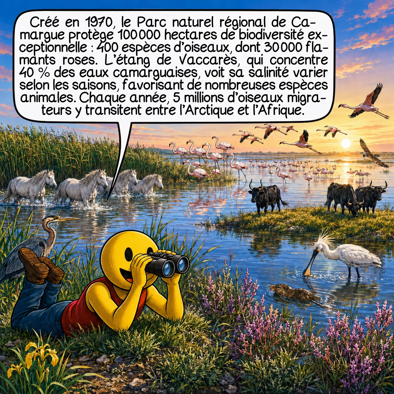 La Camargue, case 5 : Le Parc naturel régional de Camargue, créé en 1970, protège 100 000 hectares abritant une biodiversité unique : 400 espèces d’oiseaux — 75 % de l’avifaune européenne — dont 30 000 flamants roses. L’étang de Vaccarès, cœur du parc avec 40 % des eaux camarguaises, voit sa salinité varier de 5 à 30 g/l selon les saisons. Cette variation crée des niches écologiques uniques : 15 espèces de chauve-souris, 10 d’amphibiens, 40 de libellules. Zone de halte migratoire majeure, 5 millions d’oiseaux y transitent annuellement entre Arctique et Afrique.
