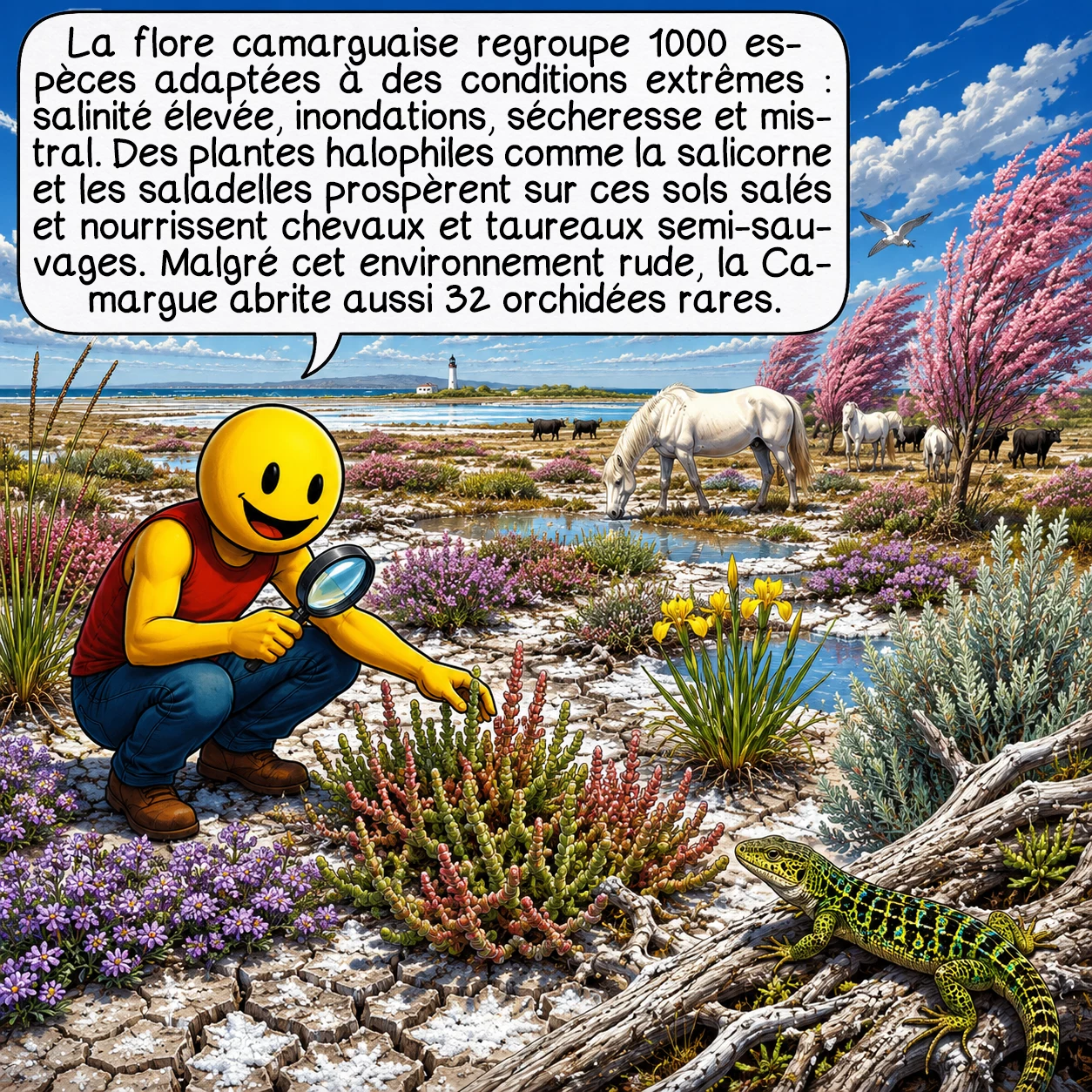 La Camargue, case 6 : La flore camarguaise compte 1000 espèces adaptées à des conditions extrêmes : sol salé jusqu’à 50 g/l, submersions hivernales, sécheresses estivales, mistral à 100 km/h. La salicorne, comestible et riche en minéraux, pousse sur des sols trois fois plus salés que la mer. Les saladelles survivent en excrétant le sel par leurs feuilles. Cette végétation halophile nourrit les 20 000 chevaux et taureaux semi-sauvages. Paradoxalement, ces steppes salées abritent 32 orchidées rares. Le réchauffement climatique favorise l’expansion de ces milieux salés, menaçant les prairies douces.