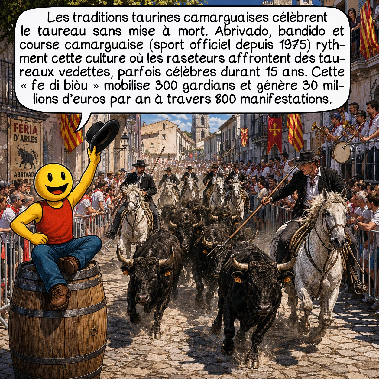 La Camargue, case 7 : Les traditions taurines camarguaises, distinctes de la corrida, célèbrent le taureau sans jamais le tuer. L’abrivado — conduite du troupeau des prés aux arènes — et la bandido — retour inverse — mobilisent 300 gardians professionnels. La course camarguaise, sport depuis 1975, oppose raseteurs et taureaux pour des attributs primés jusqu’à 5000 euros. Les taureaux cocardiers deviennent des vedettes durant leurs 15 ans de carrière : Goya, Vovo restent légendaires. Cette « fe di biòu » — foi du taureau — génère 30 millions d’euros annuels avec 800 manifestations.